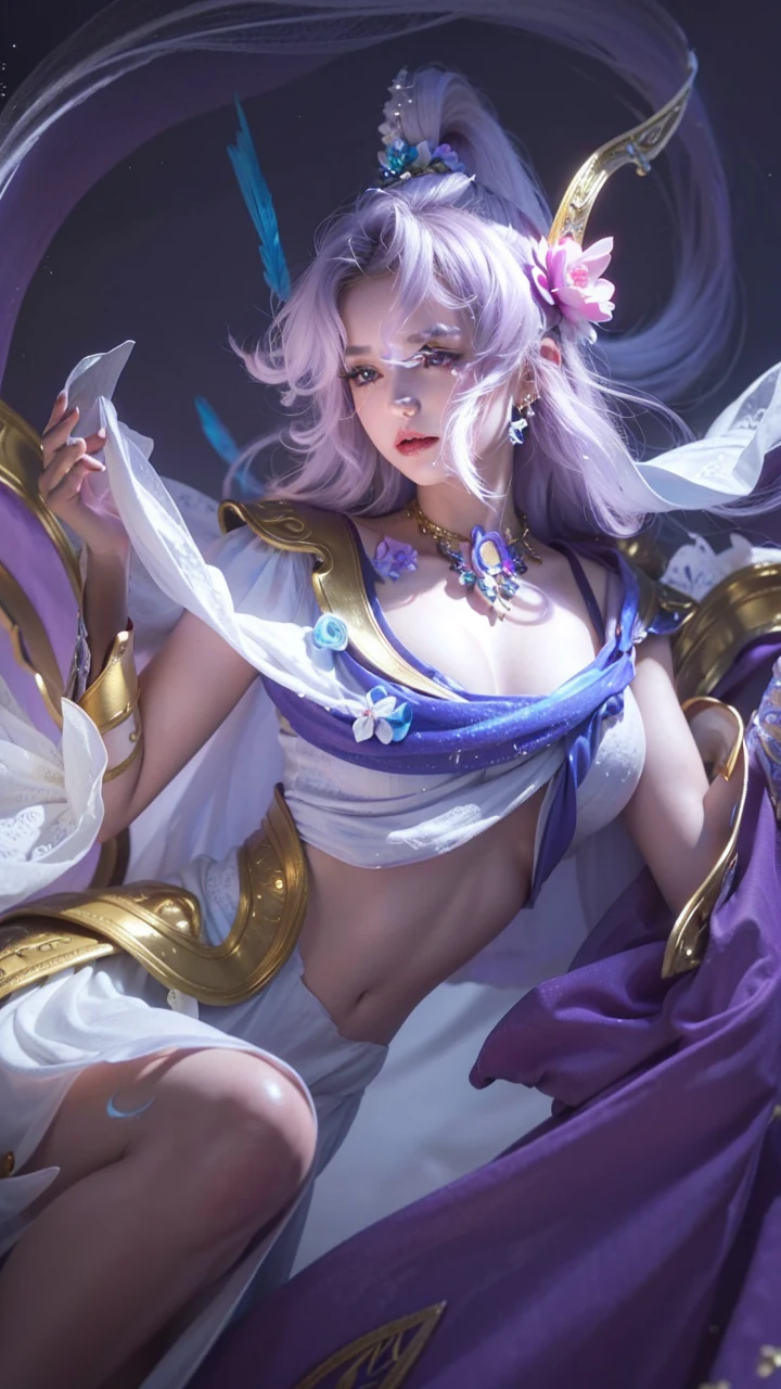 1girl, solo, game character, beautiful girl, extremely beautiful, ridiculously beautiful, masterpiece, top quality, young girl, white dress, beautiful princess, purple and white dress, golden accessories, flower hair accessories, ((realistic, hyper realistic, super detail, detailed clothes texture, detailed body shape, detailed skin texture, detailed background, detailed face))