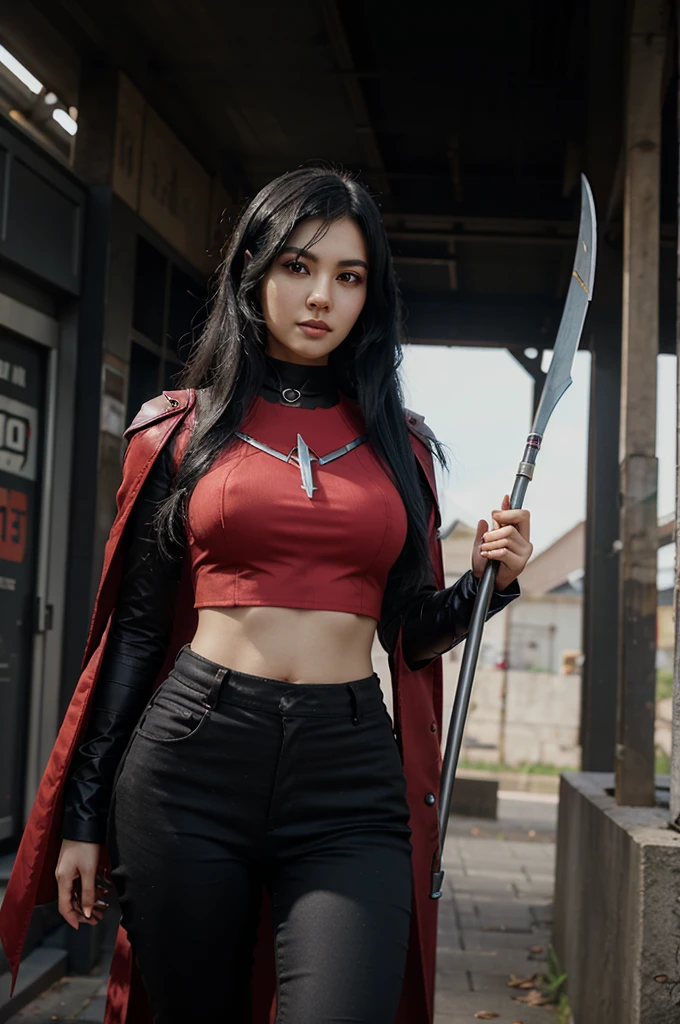 Mecha ruby aspirant, black hair, carry a scythe, while saying hello , from the mobile legend hero game,