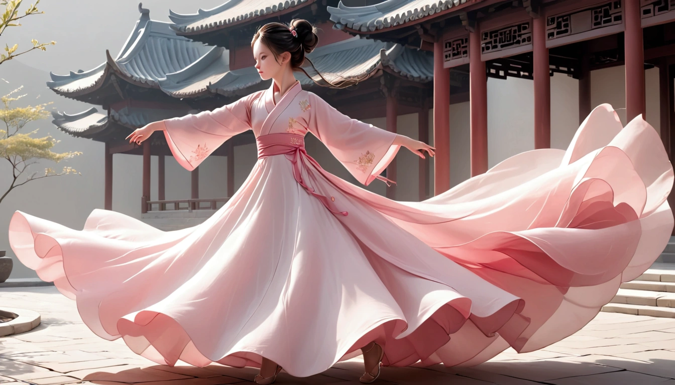 Dance photography;A dancer,Solitary;A little girl in a gorgeous long dress,Princess dress,Chinese style skirt,pink,Conservative style,Smudged skirt hem;The movements of the dance;elegant,Flexible skirt;Long hair shawl。Full body view,front; Simple style;Minimalism。White background,Pure white background;Panoramic photography;Depth of Field, Extraordinary details, masterpiece, high quality, 4K,cinematic lighting, motion blur, depth of field, sparkle, ray tracing, reflection light, anatomically correct, uhd, textured skin, best quality, super detail, highres, high details, accurate, high quality, award winning。