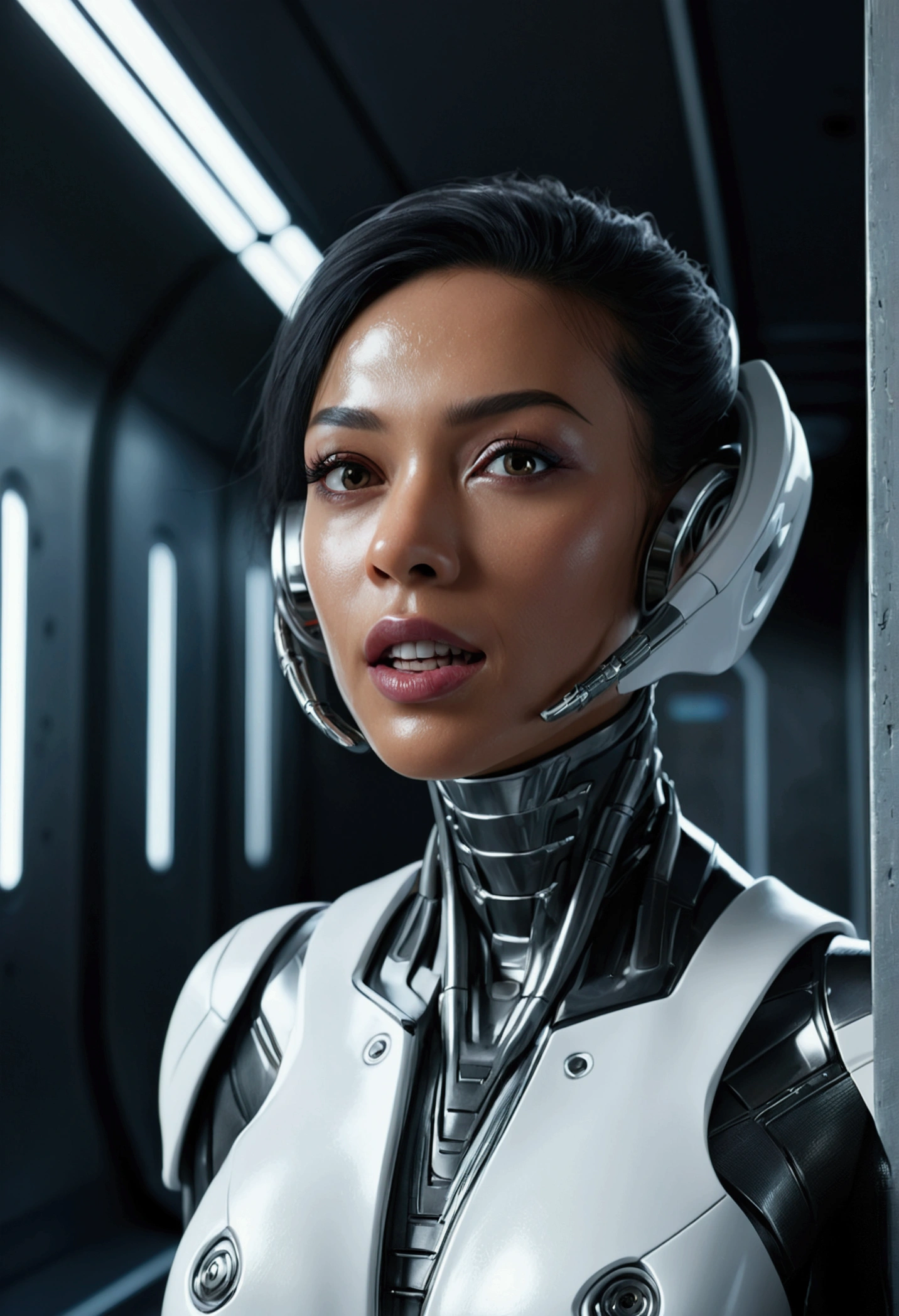 a highly detailed and realistic cyborg humanoid woman, metallic black mouth and teeth, inside a futuristic white spacecraft hallway, cinematic dramatic lighting, hyper realistic, 8k, photorealistic, masterpiece, concept art, (best quality,8k,hyperrealistic,realistic:1.4),(cinematic dramatic lighting:1.2),(hyper detailed:1.2),incredibly detailed, intricate details, hyperrealistic, photorealistic, physically-based rendering, extremely detailed, studio lighting, sharp focus, ultra-detailed, insanely detailed, cinematic composition, science fiction, dark futuristic, advanced technology, moody atmosphere, chiaroscuro lighting