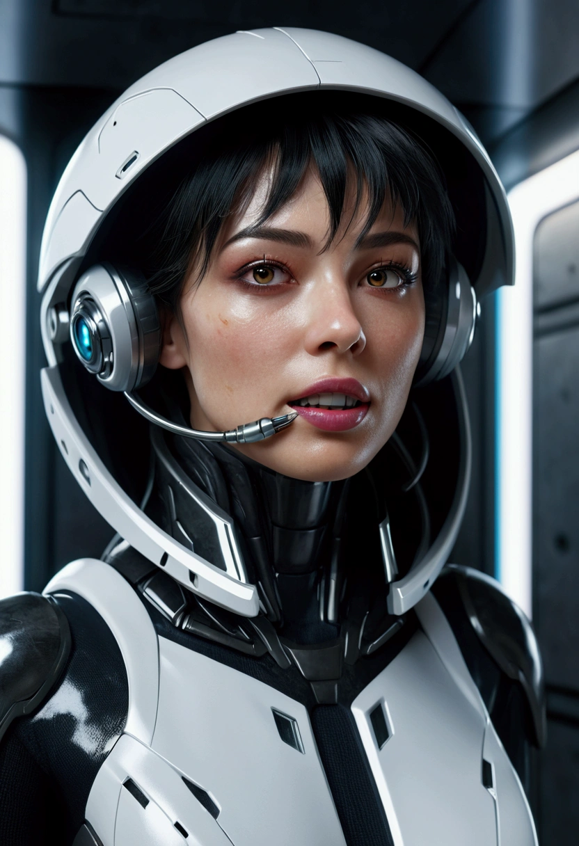a highly detailed and realistic cyborg humanoid woman, metallic black mouth and teeth, inside a futuristic white spacecraft hallway, cinematic dramatic lighting, hyper realistic, 8k, photorealistic, masterpiece, concept art, (best quality,8k,hyperrealistic,realistic:1.4),(cinematic dramatic lighting:1.2),(hyper detailed:1.2),incredibly detailed, intricate details, hyperrealistic, photorealistic, physically-based rendering, extremely detailed, studio lighting, sharp focus, ultra-detailed, insanely detailed, cinematic composition, science fiction, dark futuristic, advanced technology, moody atmosphere, chiaroscuro lighting