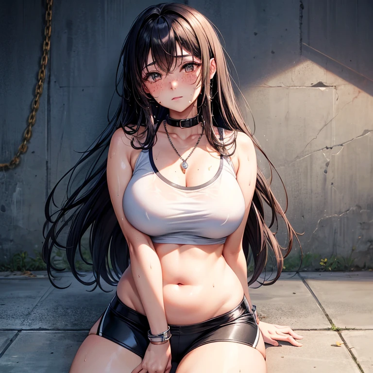 Kaori, Single model, solo, half Asian, half Latino, very long straight black hair, freckles, blushing, wet eyes, long chain pendant, very large heavy breasts, chubby, belly, stretchmarks, sports wear, collar, cuffs