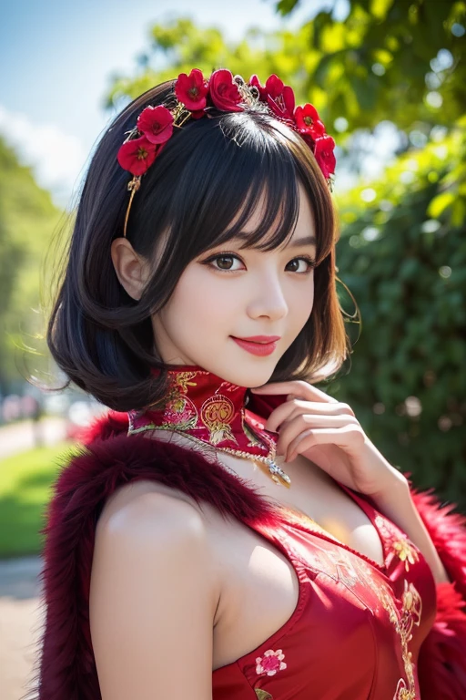 (masterpiece:1.4), (best quality:1.4), ultra high res, ultra high resolution, ((detailed facial features)), HDR, (realistic, photorealistic, photo-realistic:1.37), full body, sexy swedish model, (-anime), only 1 model, vivid colors, very short hair, (big smile), lip-gloss, long lashes, defined eyebrows, wearing large sparkling colorful jewelery, wearing a red silk Paradise Kiss cosplay dress with black floral embroidery, ((long fur vivid colors outfit)), vivid colors, look at the camera, cinematic light, large park background with trees, sweet and sexy pose