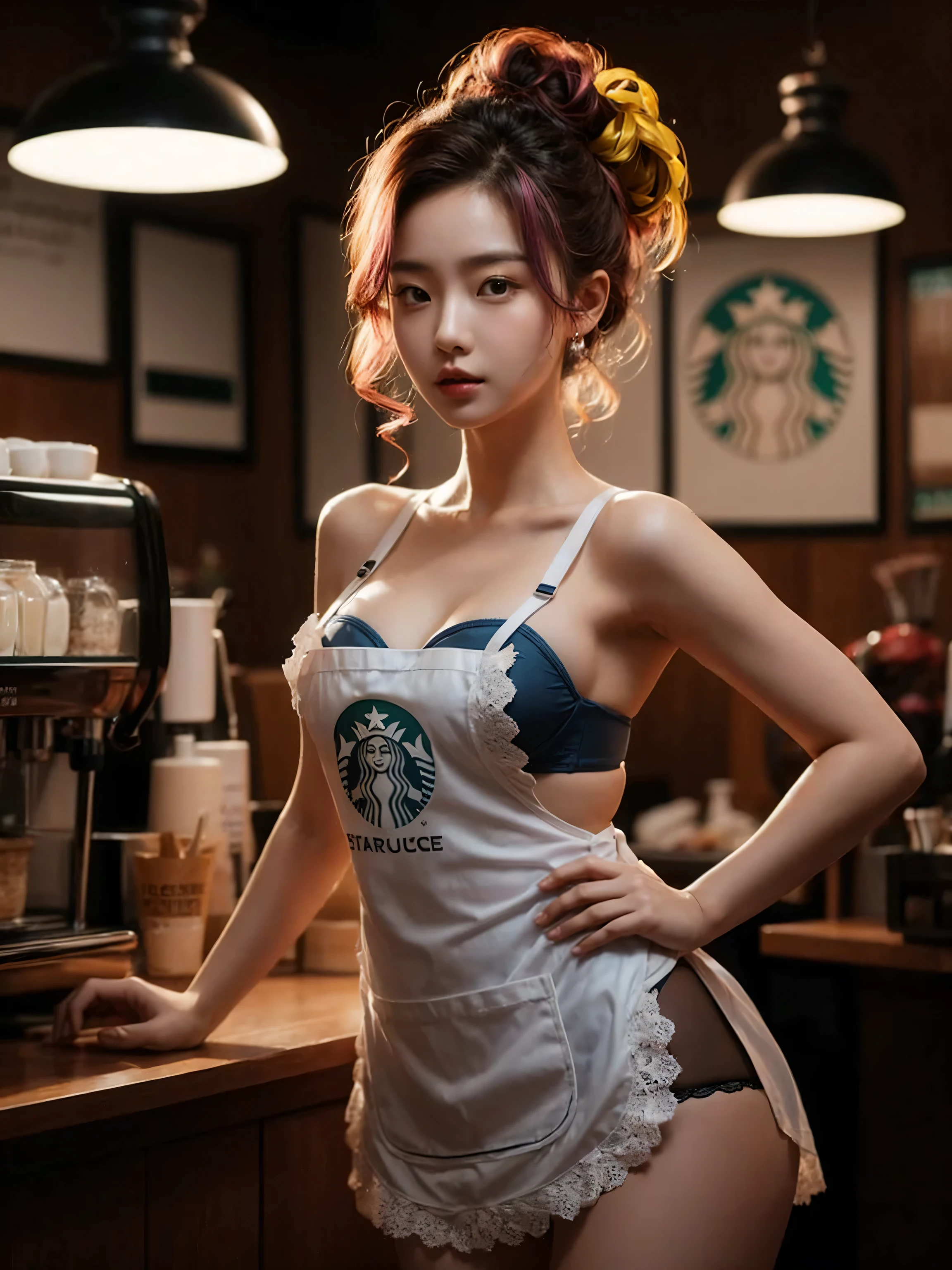 young korean female with a pear body shape and fair skin, she has a curvy larged-size chest, Cool beauty,Looks sweet,(updo, blue and pink hair), only wearing dark green starbucks apron, off-shoulders with lace strapless bra, white lace-trimmed underwear, she has big thigh, full body photo, standing pose. Side view. In coffee shop.