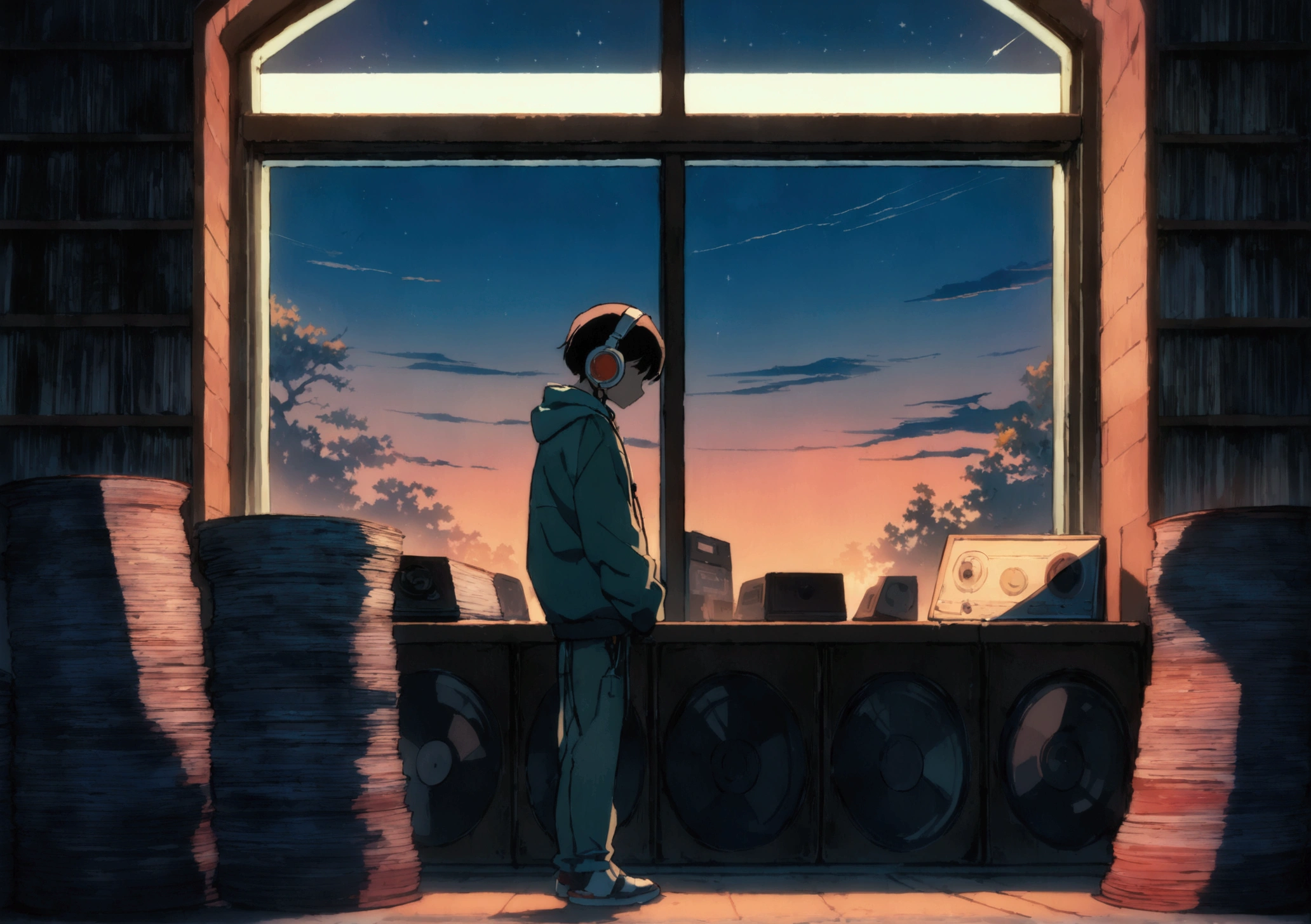 A robot wearing headphones and listening to music,  Very detailedな, evening, sad mood, Bright light coming through the window, Night view, , 2D, (Shot from a distance), Wide Shot, (Noise from the film), Old cartoons, (Many records: 1.3), Record Store, (masterpiece, Very high quality, Very high quality, Official Art, beautifully、beautiful: 1.2), (Very detailed, (Fractal Art: 1.4 ), guitar, (Note: 1.4), (Lo-fi hip hop), Side view, Old Anime Texture, alone, speaker