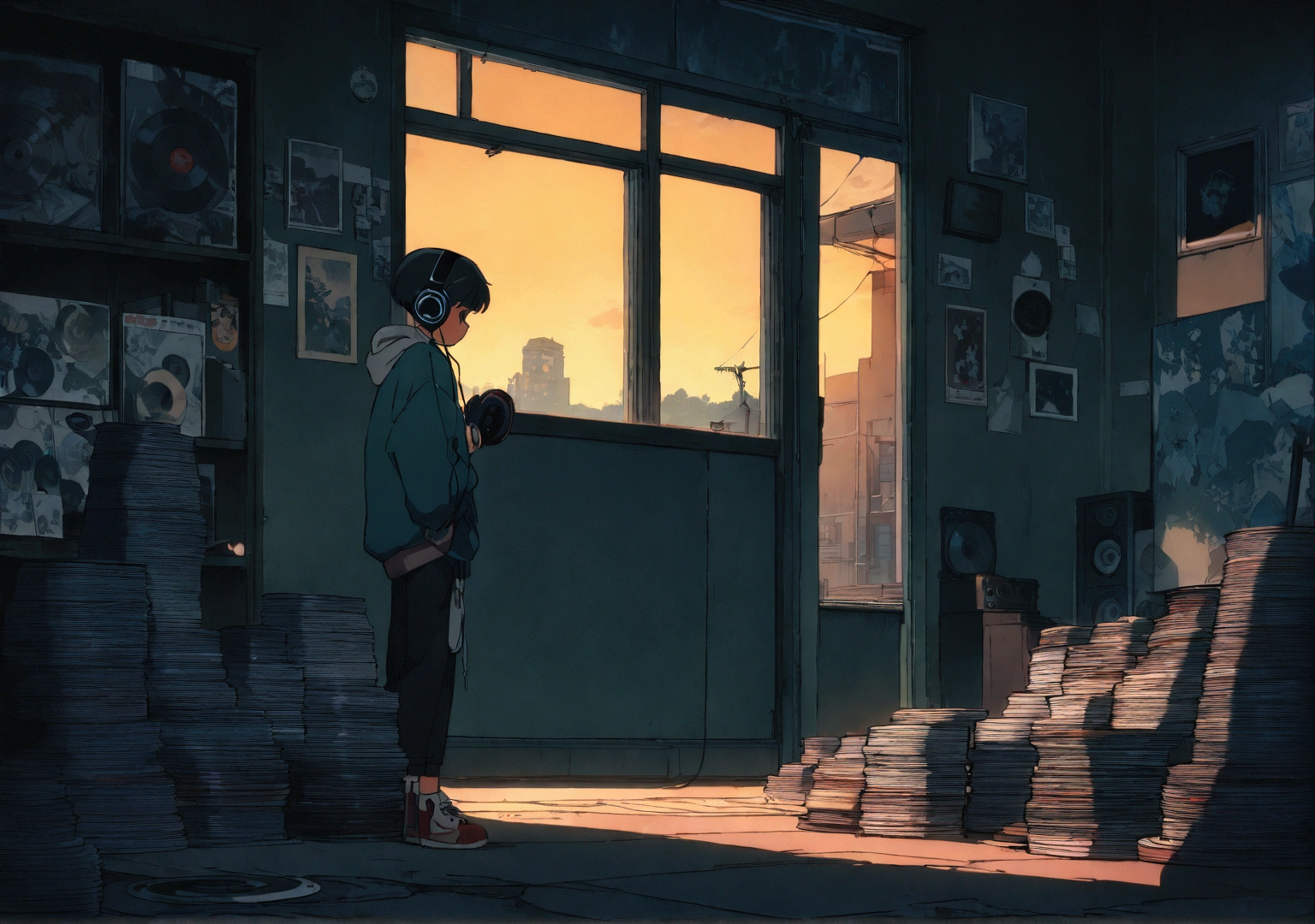 A robot wearing headphones and listening to music, Very detailedな, evening, sad mood, Bright light coming through the window, Night view, , 2D, (Shot from a distance), Wide Shot, (Noise from the film), Old cartoons, (Many records: 1.3), Record Store, (masterpiece, Very high quality, Very high quality, Official Art, beautifully、beautiful: 1.2), (Very detailed, (Fractal Art: 1.4 ), guitar, (Note: 1.4), (Lo-fi hip hop), Side view, Old Anime Texture, alone, speaker