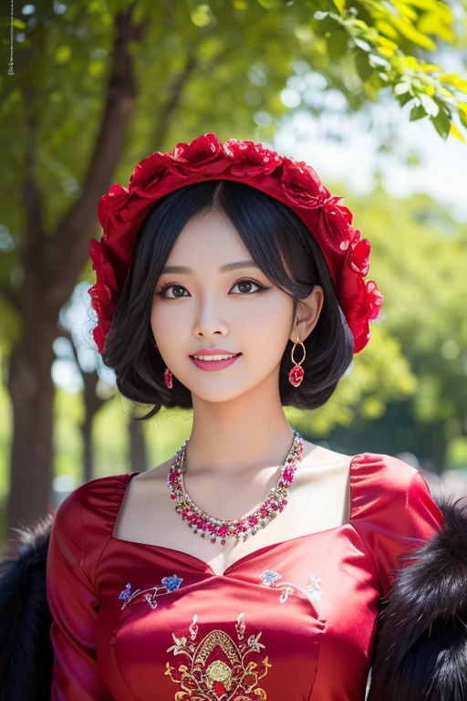 (masterpiece:1.4), (best quality:1.4), ultra high res, ultra high resolution, ((detailed facial features)), HDR, (realistic, photorealistic, photo-realistic:1.37), full body, sexy Indonesian model, (-anime), only 1 model, vivid colors, very short hair, (big smile), lip-gloss, long lashes, defined eyebrows, wearing large sparkling colorful jewelery, wearing a red silk Paradise Kiss cosplay dress with black floral embroidery, ((long fur vivid colors outfit)), vivid colors, look at the camera, cinematic light, large park background with trees, sweet and sexy pose