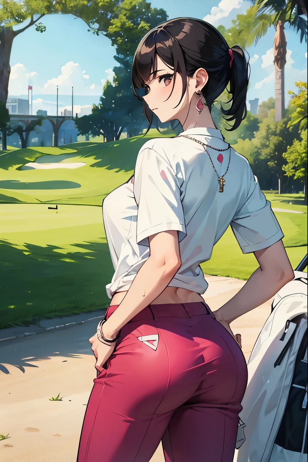 1 female、woman with very long black hair、Busty women、Spectacular views、Night Scene、The view from the top of the hill、Full moon night sky、swirling starry sky、8K、Best Quality、The woman's whole body is in the photo、The woman is wearing a miniskirt and her crotch is visible.、Standing motionless in golf wear, staring at the ball、Back view of a man standing on the green、I can see your ass、T-back panties are visible