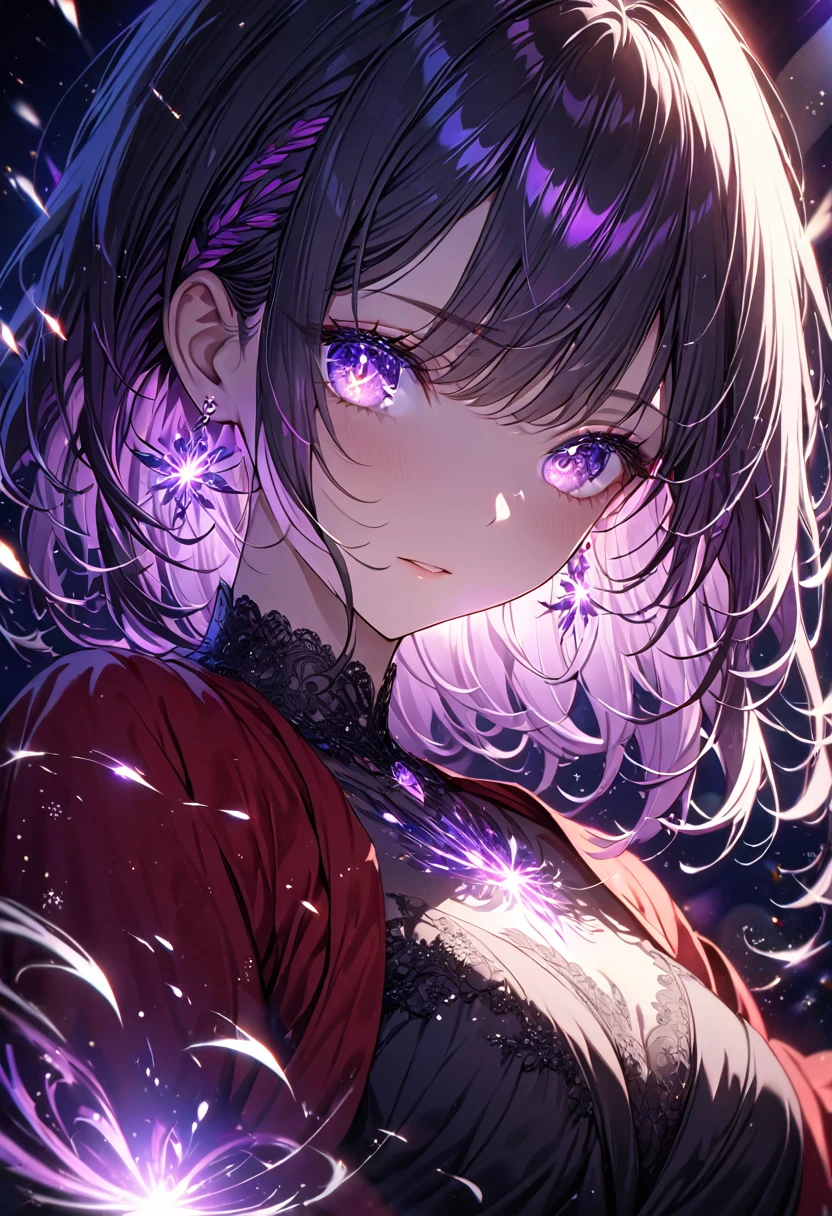 (Very detailed, Pixel perfect, High resolution, Highest quality, Beautifully drawn eyes in every detail), woman, Magical Aura, Bright purple eye color, (Glowing purple eyes), Black medium hair, Long blue side hair, Earrings, Black Dress, Red Robe, elegant, The background is full of magic particles. Lens flare, Shining Light, reflected light, Motion Blur, 8k, Super Detail, Accurate, Highest quality, Ray Tracing.