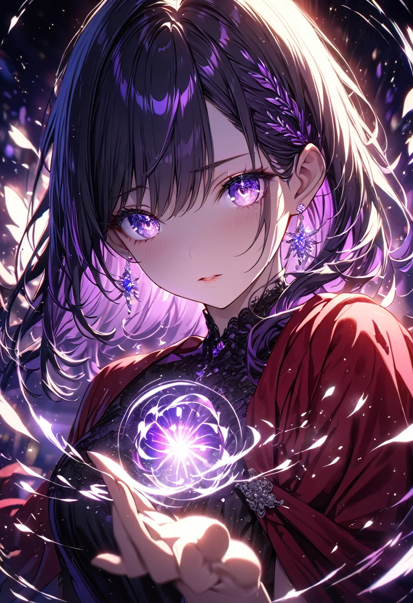 (Very detailed, Pixel perfect, High resolution, Highest quality, Beautifully drawn eyes in every detail), woman, Magical Aura, Bright purple eye color, (Glowing purple eyes), Black medium hair, Long blue side hair, Earrings, Black Dress, Red Robe, elegant, The background is full of magic particles. Lens flare, Shining Light, reflected light, Motion Blur, 8k, Super Detail, Accurate, Highest quality, Ray Tracing.