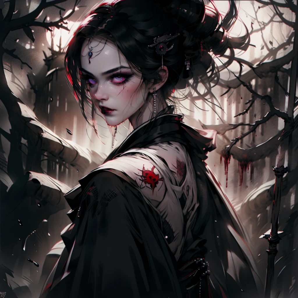 In Anime-art style, pixiv, masterpiece, 1 girl, (Close-up:1.1),Very Close to the Viewer( only half of the face is visible), soft lighting, Bloody sky, bloody environment, bloody rain, dark silhouettes, красный blood vibe, red vibe настроение, red like your blood, vampire life, Gothic, mysterious facial expressions, tattoos, aesthetics, rings and finger rings, web, head covered with dark cloth, Vampirism, на заднем фоне dark silhouettes, the character is closer to the viewer, видно только one eye, Focus on the character, Close-up, symbolism, a ritual, mirrors and paintings in the background, reflections, on the avatar, Dark art style, Blood runs down his face, portrait, leader, leads the concept, silhouettes behind, chaos, the weather is terrible, someone is spectating on her, DALLE, Close-up больших демонических глаз, сложные eyes, Unique Demon Ghouls, These images feature a dark, anime-style warrior with intricate tattoos and glowing red eyes, holding a blood-stained katana. The background includes a moonlit scene with shadowy samurai figures and a mysterious reaper, balanced to give equal focus to both the warrior and the background elements, creating a masterpiece, Digital art, city on the skyline, dark lighting, permission 1:1, blond hair, kimono, katana, Shanghai, nails painted black, in detail, moon and shadows, eyes, в eyesх отражение битвы, mysticism in the background, split personality, в eyesх готовится к битве, необычные eyes, scene, add more details, dark, fingers are proportional, serious look, holding a katana in his hands, only half of the face is visible, dystopia, night lighting, motion blur, красная и кровавая aesthetics, one eye, Close-up