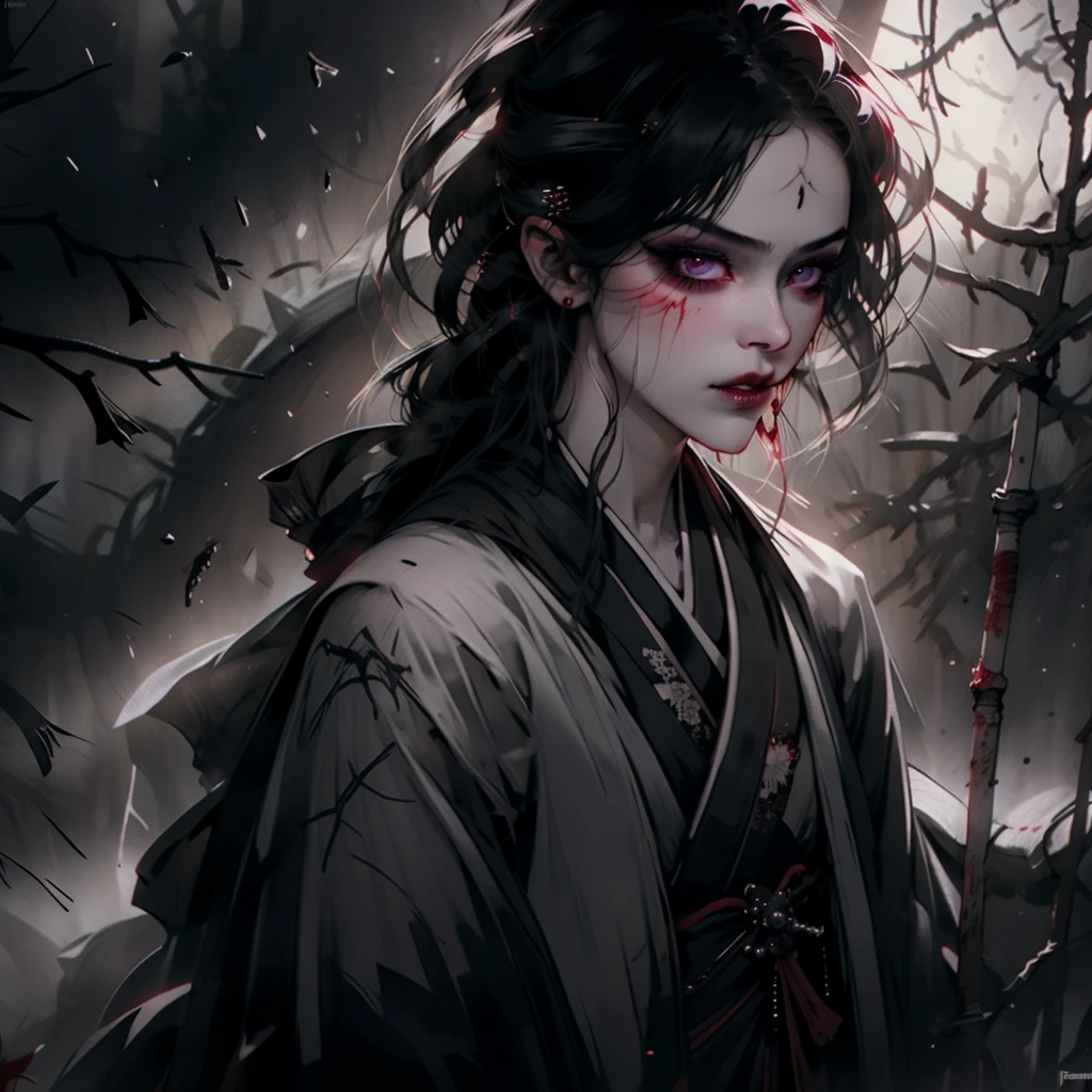 In Anime-art style, pixiv, masterpiece, 1 girl, (Close-up:1.1),Very Close to the Viewer( only half of the face is visible), soft lighting, Bloody sky, bloody environment, bloody rain, dark silhouettes, красный blood vibe, red vibe настроение, red like your blood, vampire life, Gothic, mysterious facial expressions, tattoos, aesthetics, rings and finger rings, web, head covered with dark cloth, Vampirism, на заднем фоне dark silhouettes, the character is closer to the viewer, видно только one eye, Focus on the character, Close-up, symbolism, a ritual, mirrors and paintings in the background, reflections, on the avatar, Dark art style, Blood runs down his face, portrait, leader, leads the concept, silhouettes behind, chaos, the weather is terrible, someone is spectating on her, DALLE, Close-up больших демонических глаз, сложные eyes, Unique Demon Ghouls, These images feature a dark, anime-style warrior with intricate tattoos and glowing red eyes, holding a blood-stained katana. The background includes a moonlit scene with shadowy samurai figures and a mysterious reaper, balanced to give equal focus to both the warrior and the background elements, creating a masterpiece, Digital art, city on the skyline, dark lighting, permission 1:1, blond hair, kimono, katana, Shanghai, nails painted black, in detail, moon and shadows, eyes, в eyesх отражение битвы, mysticism in the background, split personality, в eyesх готовится к битве, необычные eyes, scene, add more details, dark, fingers are proportional, serious look, holding a katana in his hands, only half of the face is visible, dystopia, night lighting, motion blur, красная и кровавая aesthetics, one eye, Close-up