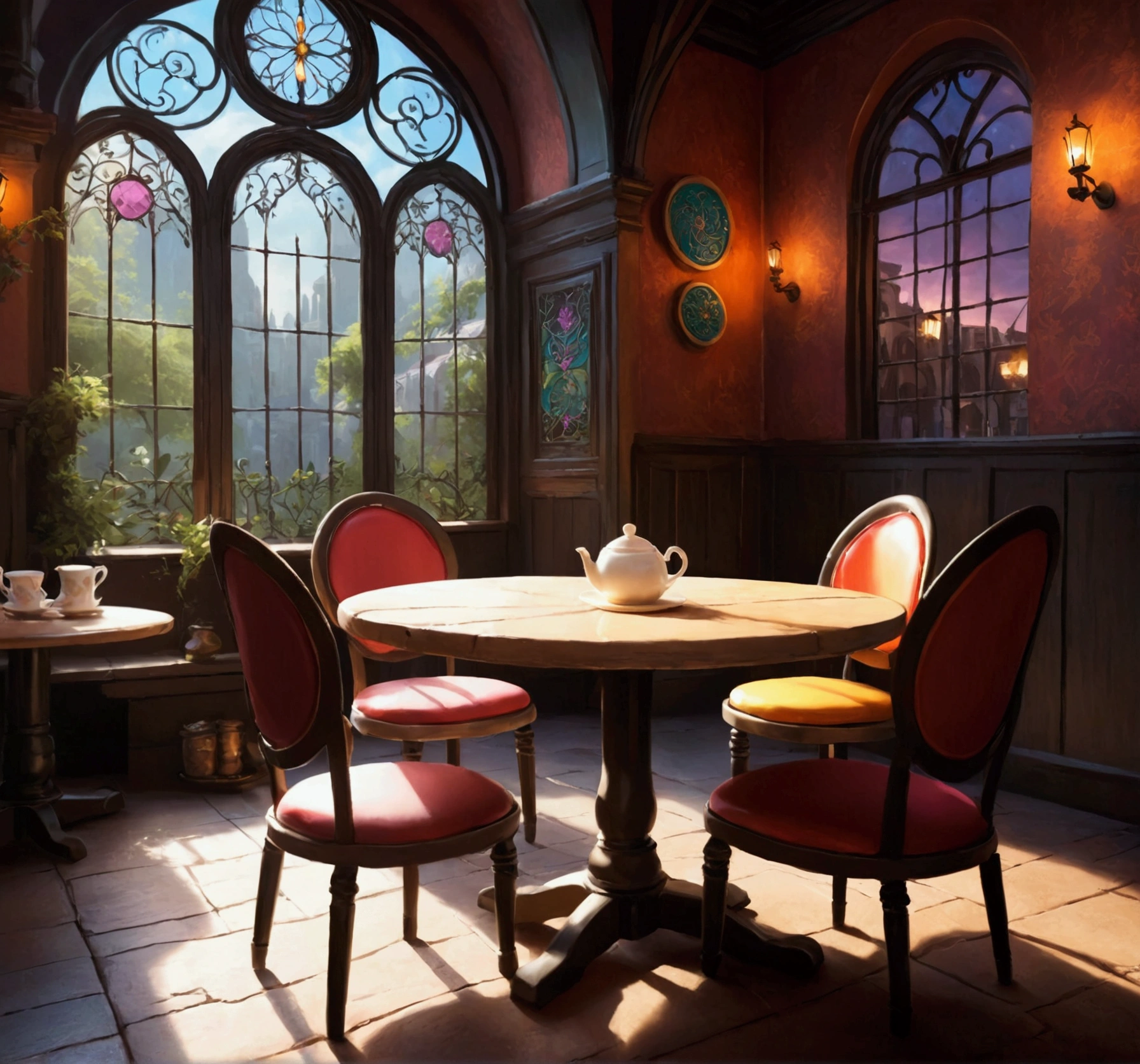 fantasy background, RPG-style café, empty chair, tabletop, Tea cup set