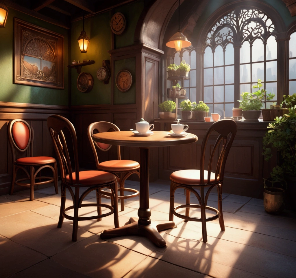 fantasy background, RPG-style café, empty chair, tabletop, Tea cup set
