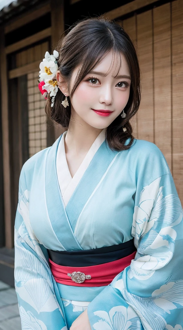 Tabletop, Highest quality, shape, Very detailed, In detail, High resolution, 8k wallpaper, Perfect dynamic composition, Beautiful details, kimono,Medium Hair, Center of chest, Natural color lip, Random sexy poses,smile,shrine、Flower Hair Ornaments、kimono、