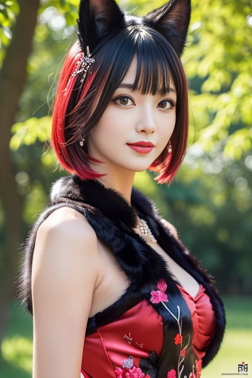 (masterpiece:1.4), (best quality:1.4), ultra high res, ultra high resolution, ((detailed facial features)), HDR, (realistic, photorealistic, photo-realistic:1.37), full body Esbian, sexy swedish model, (-anime), only 1 model, vivid colors, vivid colors very short hair, (big smile), lip-gloss, long lashes, defined eyebrows, wearing large sparkling colorful jewelery, wearing a red silk Paradise Kiss cosplay dress with black floral embroidery, ((long fur vivid colors outfit)), vivid colors, look at the camera, cinematic light, large park background with trees, sweet and sexy pose