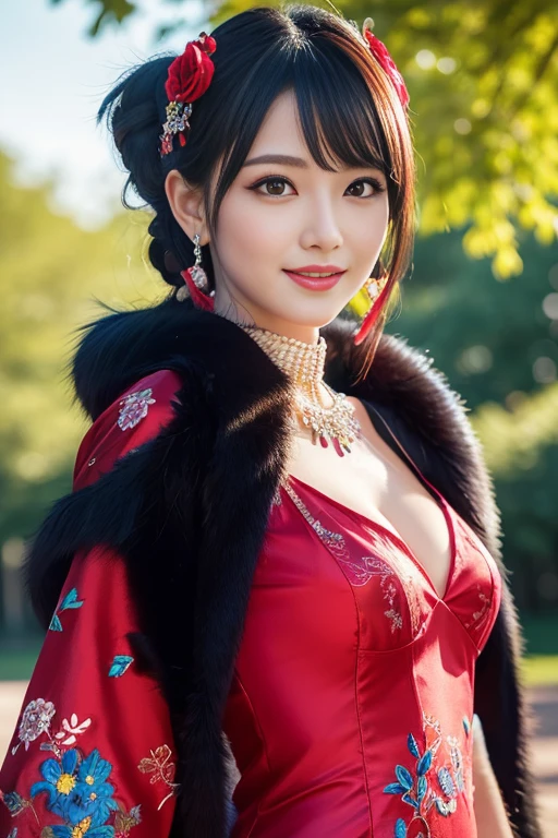 (masterpiece:1.4), (best quality:1.4), ultra high res, ultra high resolution, ((detailed facial features)), HDR, (realistic, photorealistic, photo-realistic:1.37), full body Esbian, sexy swedish model, (-anime), only 1 model, vivid colors, vivid colors very short hair, (big smile), lip-gloss, long lashes, defined eyebrows, wearing large sparkling colorful jewelery, wearing a red silk Paradise Kiss cosplay dress with black floral embroidery, ((long fur vivid colors outfit)), vivid colors, look at the camera, cinematic light, large park background with trees, sweet and sexy pose