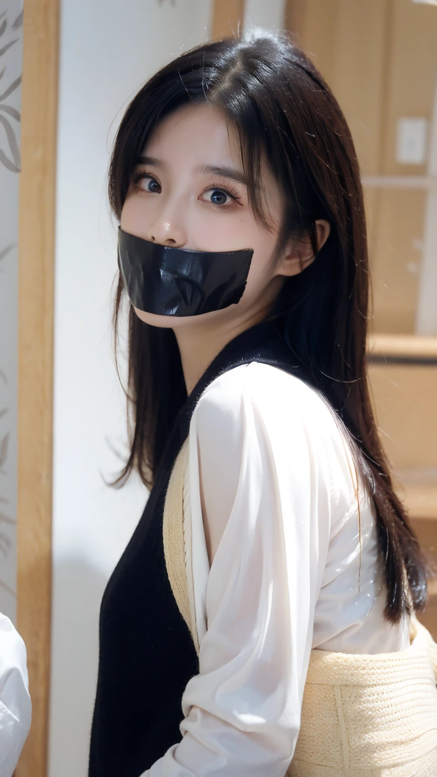 One female, selfie、face close up、cheerful smile、big tear bag、tape gag,Room lighting:none、front lighting:weak、Photo taken with iPhone、Japanese cute half-haired girl、profile、looking at the camera、black sweater, white wallpaper only, Rooms without lights、