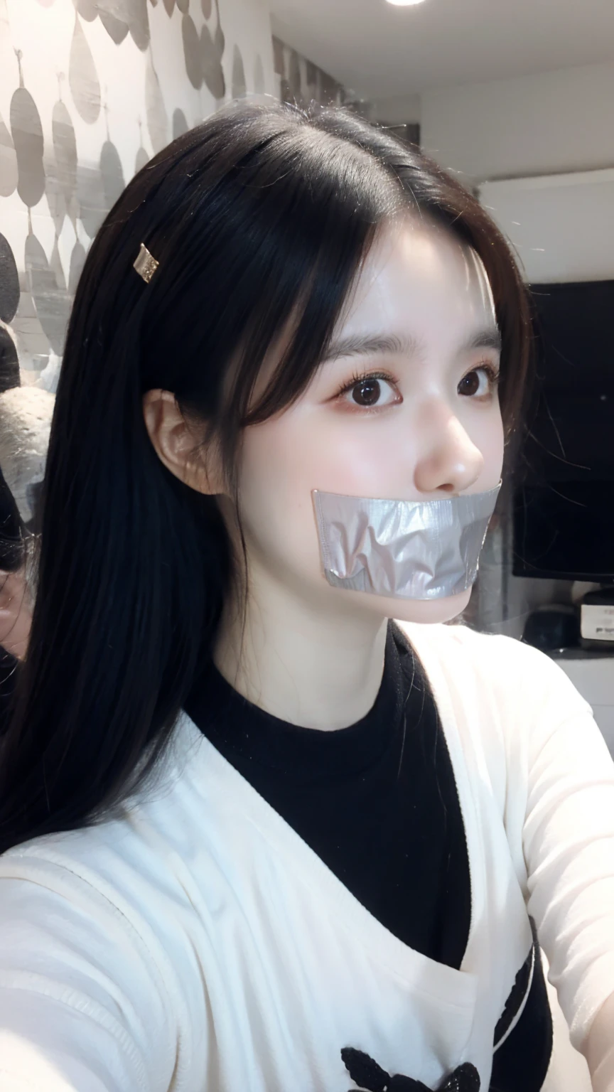 One female, selfie、face close up、cheerful smile、big tear bag、tape gag,Room lighting:none、front lighting:weak、Photo taken with iPhone、Japanese cute half-haired girl、profile、looking at the camera、black sweater, white wallpaper only, Rooms without lights、