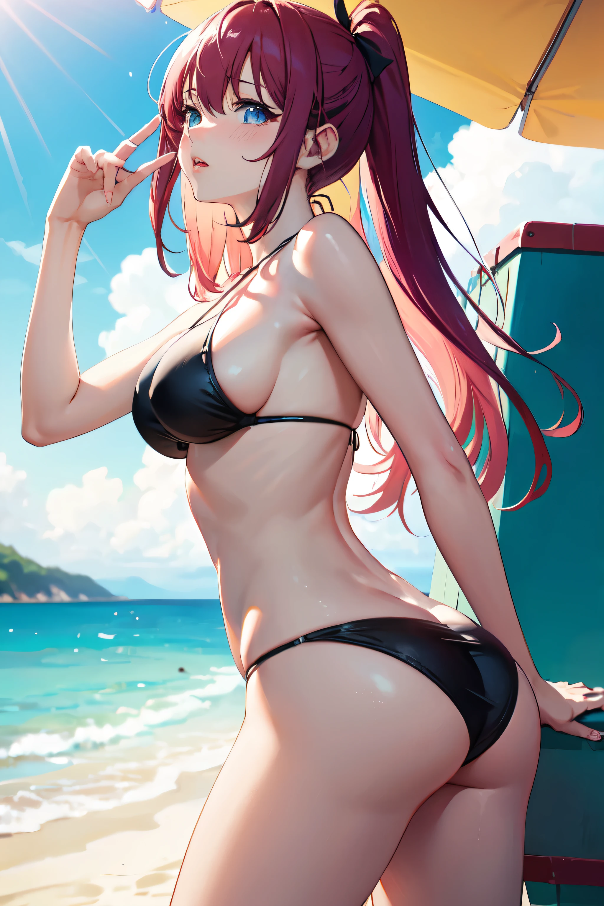 (masterpiece:1.2, high quality), (Pixiv:1.4), (One girl:1.2), (alone:1.2), (Smooth:1.2), (Nakano Nino), (have confidence), A little blush, Glossy Lips, Crystal Blue Eyes, Black eyeshadow, Pale skin, Pink Hair, bangs, bangs over eyes, clavicle, String Bikini, String, Hair Ribbon, Sexy Outfits, (Perfect round ass:1.2), (Subjective view of thighs), I had already finished, Beach outfit, View from below, Rear view, Recall, Narrow waist, Super detailed, Soft lighting, High Contrast, (Blurred_background:1.2), highly concentrated face, (Detailed face), Essential Details, Vibrant colors, High resolution, 4K, Beautiful outdoors, Beach, (Ocean view), sunny day, Beach volleyball, (sand), Pebble