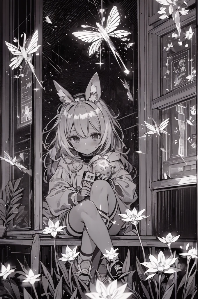 1girl, 8yo, cute sketch, black and white, photographic trails of glowing fluorescent diamond firefly, kawaii, colorful, fireworks, transparency, cinematic side angle, beautiful aesthetic, expressionless, empty-eyed, looking away, smock, indoor, sit, brilliant night city outside window, nursery-tale, whimsical, extremely detailed cg, absurdres, highres, potted white flowers, realistic, animal ears, letterboxed, water