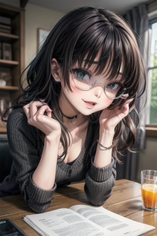 (Tabletop:1.0), (highest quality:1.4), (High resolution:1.2), From the side,Sharp contours,  boyish, highest quality, masterpiece,Glasses,Voice of the Heart,20-year-old woman,yandere,Big Breasts,Chest to chest,Lying face down,Upper Body,Ecstasy,saliva,blush,Squint your eyes,Heterochromia iridis,Tuck up your clothes,lure, 