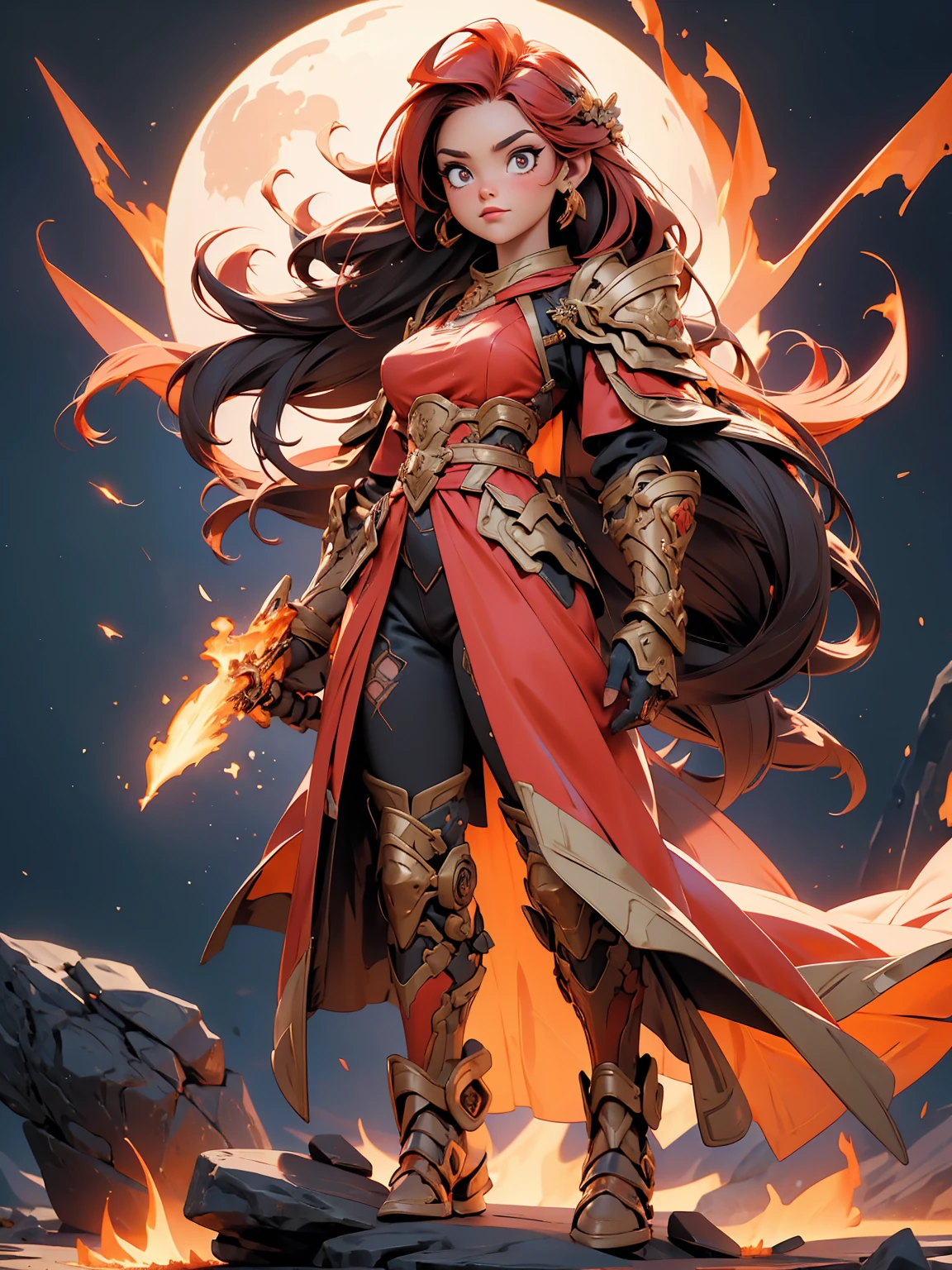 ((full body shot)) of a girl in regal, fire-themed armor with intricate gold and red details, standing in a blazing, volcanic landscape. She has long, flowing fiery red hair and intense, glowing amber eyes. Her skin has a warm, sun-kissed hue, and she is adorned with molten lava-like patterns. She holds a majestic sword engulfed in roaring flames, casting a bright, fiery light. The atmosphere is {intense|majestic}, with lava flows and embers illuminating the scene. The ground beneath her is cracked, molten earth, reflecting the intense light and adding to the fiery ambiance. Surrounding her are jagged rocks and bursts of flame in shades of {red|orange}, casting a fierce, incandescent glow. The background features towering volcanic peaks and a sky filled with ash and smoke, hinting at a powerful, fiery kingdom. The scene is dynamic and awe-inspiring, with her face showing a determined yet regal expression, her eyes focused intently on her blazing domain. [Best quality], [Masterpiece], [Ultra-detailed], [4k], {intense|majestic} atmosphere, fiery kingdom, {dynamic pose|regal pose}, blazing illumination, {soft shadows|dramatic lighting}, {reflected light on molten earth:0.7}, {jagged rocks:0.6}, {bursts of flame:0.5}, {volcanic peaks:0.4}, {ash-filled sky:0.3}.
