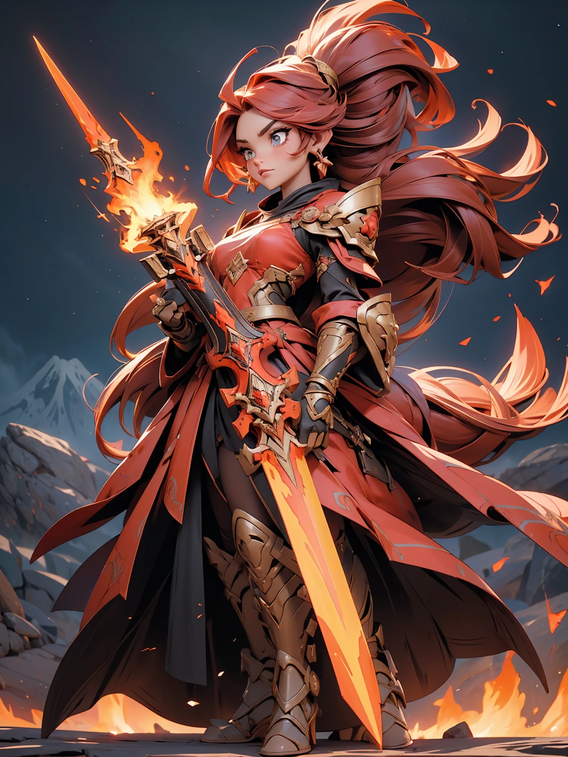 ((full body shot)) of a girl in regal, fire-themed armor with intricate gold and red details, standing in a blazing, volcanic landscape. She has long, flowing fiery red hair and intense, glowing amber eyes. Her skin has a warm, sun-kissed hue, and she is adorned with molten lava-like patterns. She holds a majestic sword engulfed in roaring flames, casting a bright, fiery light. The atmosphere is {intense|majestic}, with lava flows and embers illuminating the scene. The ground beneath her is cracked, molten earth, reflecting the intense light and adding to the fiery ambiance. Surrounding her are jagged rocks and bursts of flame in shades of {red|orange}, casting a fierce, incandescent glow. The background features towering volcanic peaks and a sky filled with ash and smoke, hinting at a powerful, fiery kingdom. The scene is dynamic and awe-inspiring, with her face showing a determined yet regal expression, her eyes focused intently on her blazing domain. [Best quality], [Masterpiece], [Ultra-detailed], [4k], {intense|majestic} atmosphere, fiery kingdom, {dynamic pose|regal pose}, blazing illumination, {soft shadows|dramatic lighting}, {reflected light on molten earth:0.7}, {jagged rocks:0.6}, {bursts of flame:0.5}, {volcanic peaks:0.4}, {ash-filled sky:0.3}.