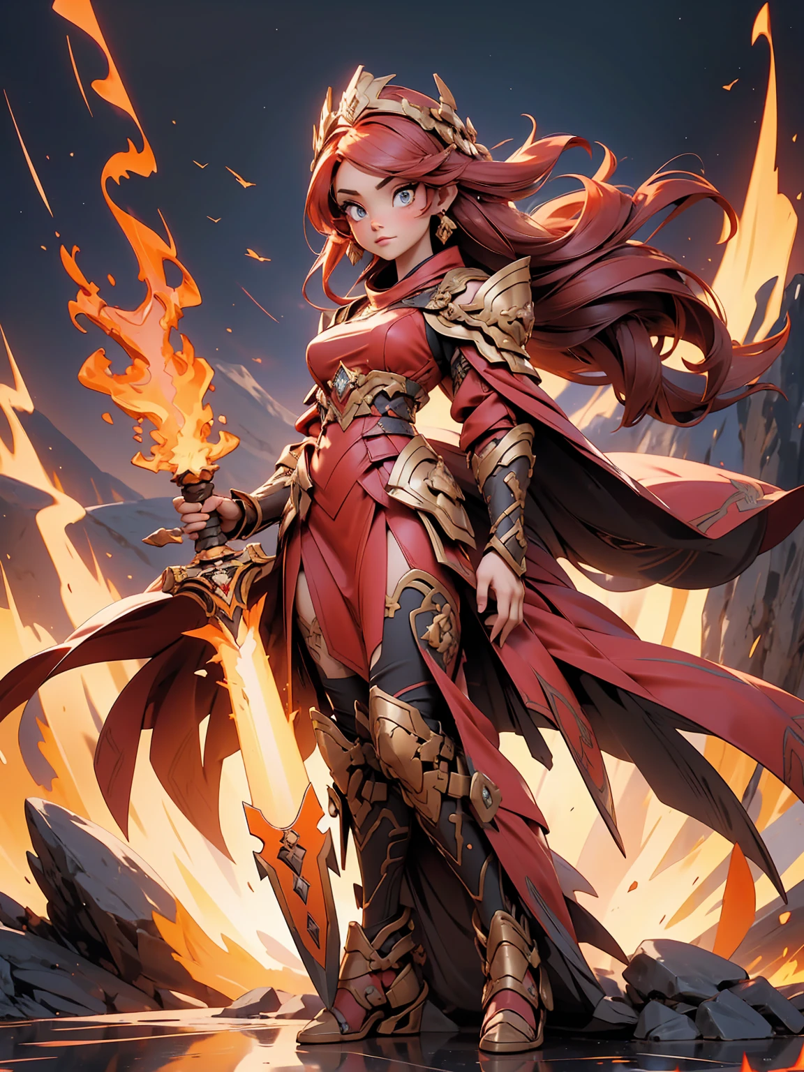 ((full body shot)) of a girl in regal, fire-themed armor with intricate gold and red details, standing in a blazing, volcanic landscape. She has long, flowing fiery red hair and intense, glowing amber eyes. Her skin has a warm, sun-kissed hue, and she is adorned with molten lava-like patterns. She holds a majestic sword engulfed in roaring flames, casting a bright, fiery light. The atmosphere is {intense|majestic}, with lava flows and embers illuminating the scene. The ground beneath her is cracked, molten earth, reflecting the intense light and adding to the fiery ambiance. Surrounding her are jagged rocks and bursts of flame in shades of {red|orange}, casting a fierce, incandescent glow. The background features towering volcanic peaks and a sky filled with ash and smoke, hinting at a powerful, fiery kingdom. The scene is dynamic and awe-inspiring, with her face showing a determined yet regal expression, her eyes focused intently on her blazing domain. [Best quality], [Masterpiece], [Ultra-detailed], [4k], {intense|majestic} atmosphere, fiery kingdom, {dynamic pose|regal pose}, blazing illumination, {soft shadows|dramatic lighting}, {reflected light on molten earth:0.7}, {jagged rocks:0.6}, {bursts of flame:0.5}, {volcanic peaks:0.4}, {ash-filled sky:0.3}.