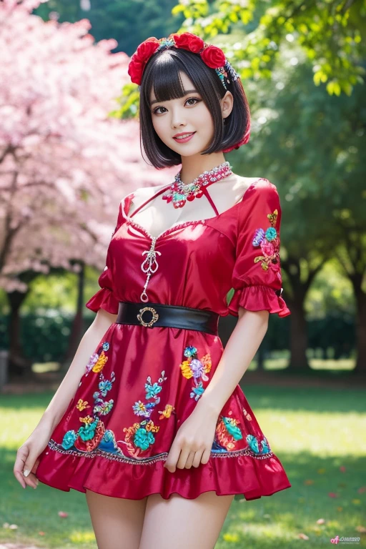 (masterpiece:1.4), (best quality:1.4), ultra high res, ultra high resolution, ((detailed facial features)), HDR, (realistic, photorealistic, photo-realistic:1.37), full body Esbian, sexy Swedish model, (-anime), only 1 model, vivid colors, ((vivid colors multicolor very short hair)), (big smile), lip-gloss, long lashes, defined eyebrows, wearing large sparkling colorful jewelery, wearing a red silk Paradise Kiss cosplay dress with black floral embroidery, ((vivid colors outfit)), vivid colors, look at the camera, cinematic light, large park background with trees, sweet and sexy pose