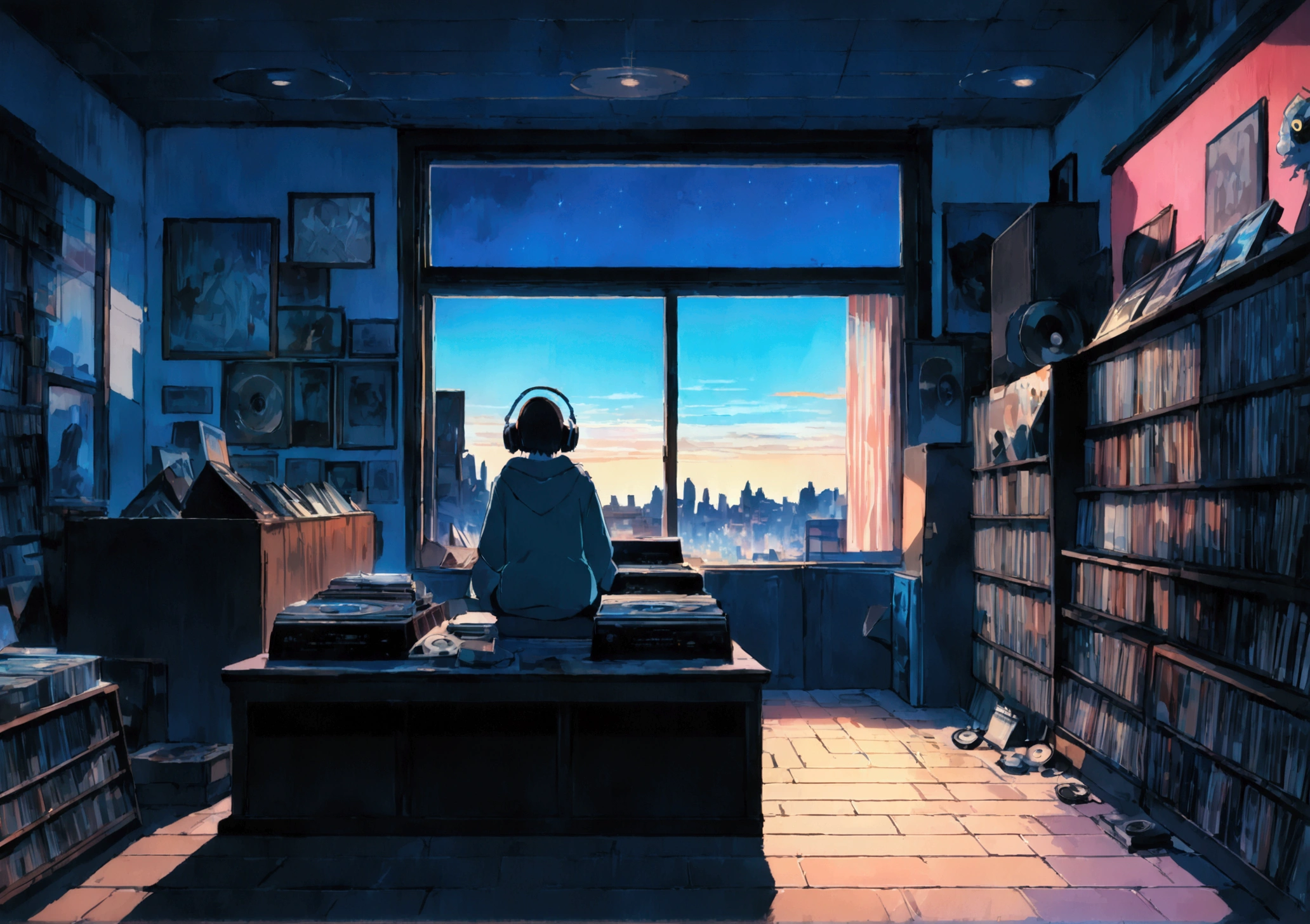 A robot wearing headphones and listening to music, Very detailedな, evening, sad mood, Bright light coming through the window, Night view, , 2D, (Shot from a distance), Wide Shot, (Noise from the film), Old cartoons, (Many records: 1.3), Record Store, (masterpiece, Very high quality, Very high quality, Official Art, beautifully、beautiful: 1.2), (Very detailed, (Fractal Art: 1.4 ), (Note: 1.4), (Lo-fi hip hop), Side view, Old Anime Texture, speaker