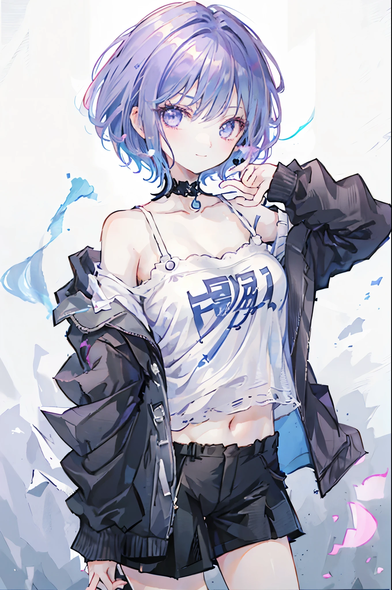 Highest quality,smile,woman,woman1人,adult,cute,Short Bob Hair,Purple hair,Light blue eyes,Off-the-shoulder tops,Black shorts,Piercing,Black choker, Background white,Simple background,Touch your hair with your hands,