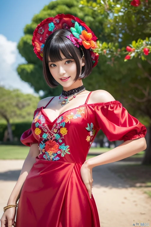 (masterpiece:1.4), (best quality:1.4), ultra high res, ultra high resolution, ((detailed facial features)), HDR, (realistic, photorealistic, photo-realistic:1.37), full body Esbian, sexy Thai model, (-anime), only 1 model, vivid colors, ((vivid colors multicolor very short hair)), (big smile), lip-gloss, long lashes, defined eyebrows, wearing large sparkling colorful jewelery, wearing a red silk Paradise Kiss cosplay dress with black floral embroidery, ((vivid colors outfit)), vivid colors, look at the camera, cinematic light, large park background with trees, sweet and sexy pose