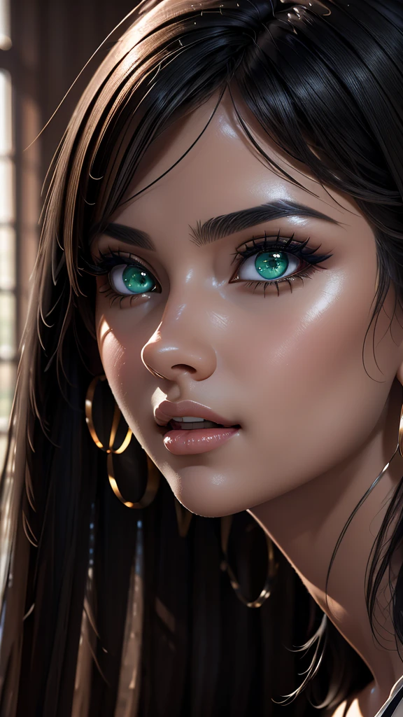 realistic, photorealistic, ultra-detailed, intricate details, hyper-realistic, incredibly detailed eyes, highly detailed lips, extremely detailed face, lush long eyelashes, beautiful young woman, beautiful green eyes, tanned skin, very short black skirt, thigh-high stockings, small white top, hard nipples, high resolution, masterpiece, anatomically correct, precise, best quality, long black hair, hoop earrings, open mouth, multiple angles, ray tracing, 3D rendering, OctaneRender, 8K