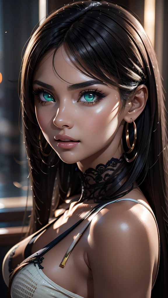 realistic, photorealistic, ultra-detailed, intricate details, hyper-realistic, incredibly detailed eyes, highly detailed lips, extremely detailed face, lush long eyelashes, beautiful young woman, beautiful green eyes, tanned skin, very short black skirt, thigh-high stockings, small white top, hard nipples, high resolution, masterpiece, anatomically correct, precise, best quality, long black hair, hoop earrings, open mouth, multiple angles, ray tracing, 3D rendering, OctaneRender, 8K