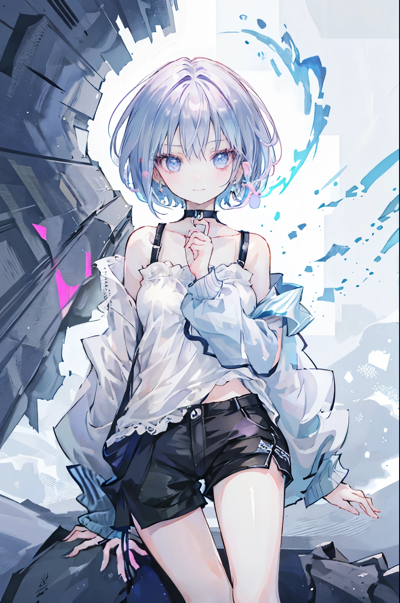 Highest quality,smile,woman,woman1人,adult,cute,Short Bob Hair,Purple hair,Light blue eyes,Off-the-shoulder tops,Black shorts,Piercing,Black choker, Background white,Simple background,Touch your hair with your hands,