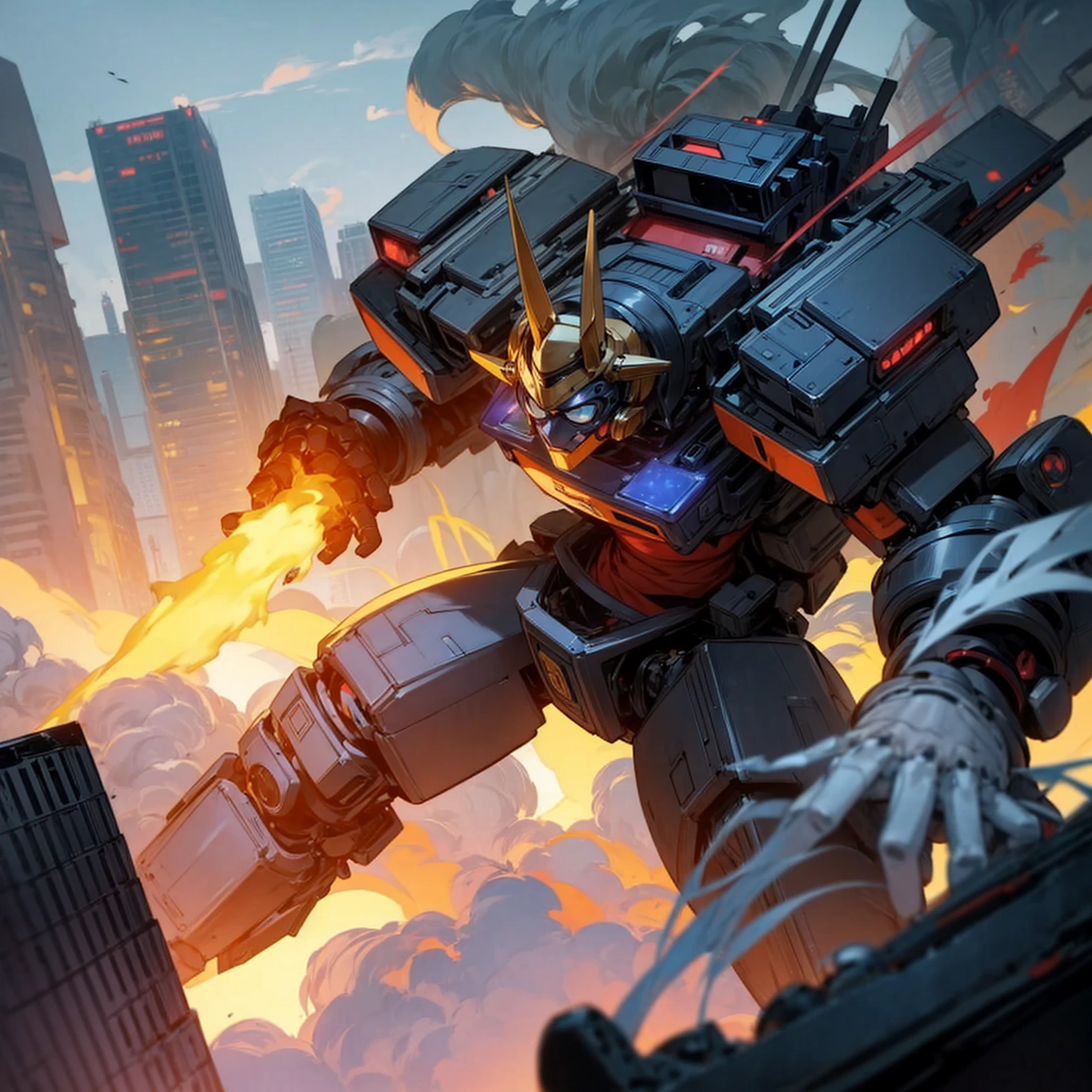 Small robot in the middle destroying the city, robots are very tall, robots are very fat, robots are burning us, (one piece style art), masterpiece, ultra detailed, robot angry, high angle view 