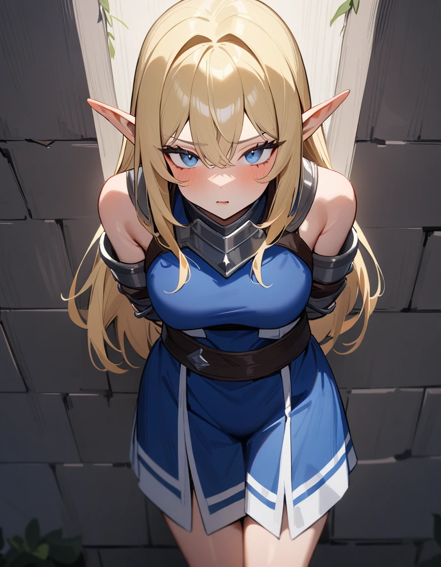 1girl, long blonde hair,blue eyes,Elf,detaild warrior uniform,medival prison,(his hands are behind his back, his hands are chained to the wall),cool,loking the viewer, ,masterpiece,very aesthetic,newest,sensitive