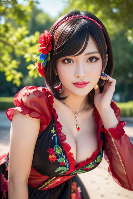 (masterpiece:1.4), (best quality:1.4), ultra high res, ultra high resolution, ((detailed facial features)), HDR, (realistic, photorealistic, photo-realistic:1.37), full body Esbian, sexy swedish model, (-anime), only 1 model, vivid colors, ((vivid colors multicolor very short hair)), beautiful smile, lip-gloss, long lashes, defined eyebrows, wearing large sparkling colorful jewelery, wearing a red silk Paradise Kiss cosplay dress with black floral embroidery, ((vivid colors outfit)), vivid colors, look at the camera, cinematic light, large park background with trees, sweet and sexy pose