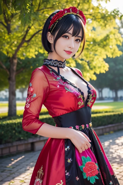(masterpiece:1.4), (best quality:1.4), ultra high res, ultra high resolution, ((detailed facial features)), HDR, (realistic, photorealistic, photo-realistic:1.37), full body Esbian, sexy swedish model, (-anime), only 1 model, vivid colors, ((vivid colors multicolor very short hair)), beautiful smile, lip-gloss, long lashes, defined eyebrows, wearing large sparkling colorful jewelery, wearing a red silk Paradise Kiss cosplay dress with black floral embroidery, ((vivid colors outfit)), vivid colors, look at the camera, cinematic light, large park background with trees, sweet and sexy pose