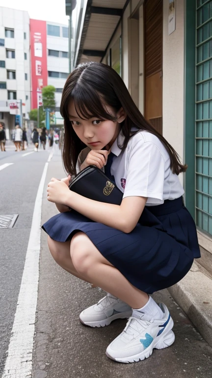 Japanese junior high school girls、Squatting down on a middle-aged man