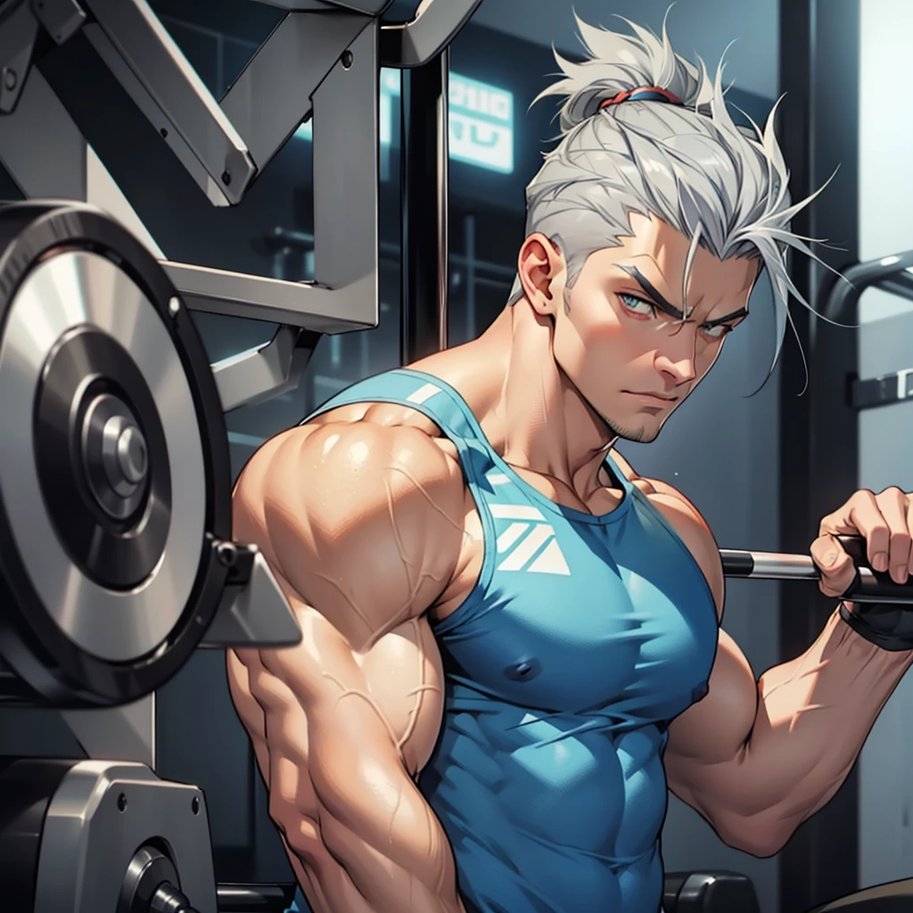 gray hair and blue highlights, grey eyes (muscular) curves (expression of contempt) gym trainer tank top