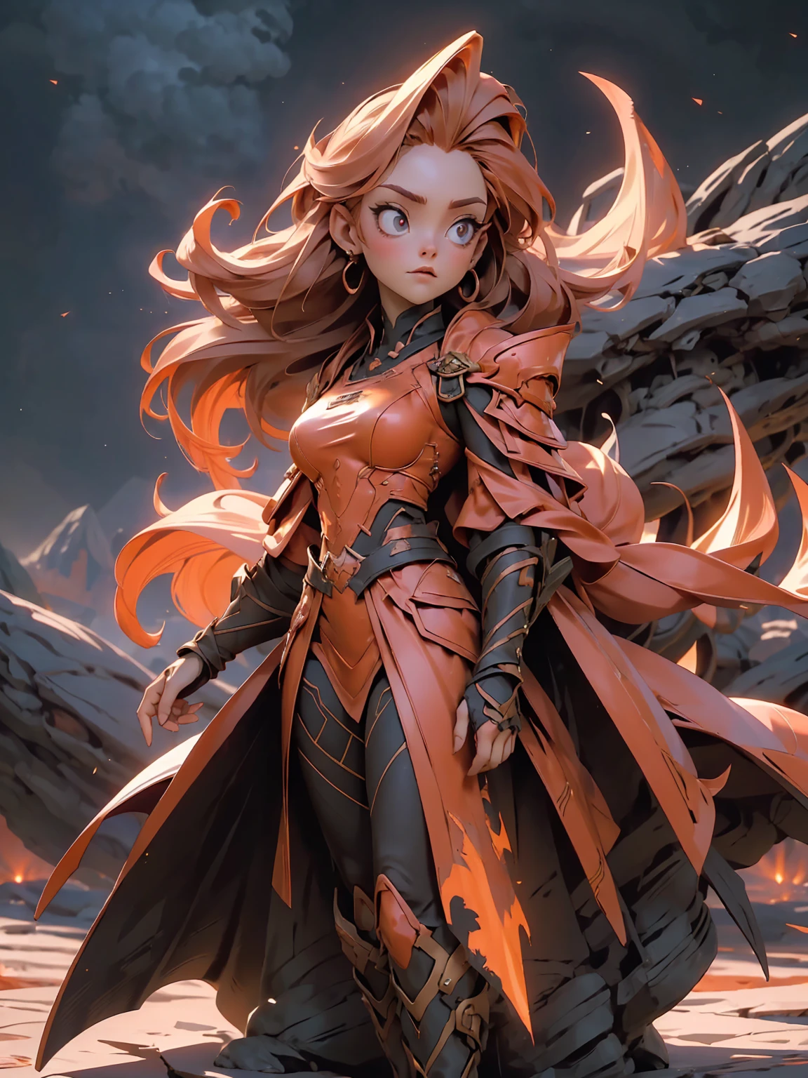 ((full body shot)) of a girl in regal, fire-themed armor with intricate gold and red details, standing in a blazing, volcanic landscape. She has long, flowing fiery red hair and intense, glowing amber eyes. Her skin has a warm, sun-kissed hue, and she is adorned with molten lava-like patterns. She holds a majestic sword engulfed in roaring flames, casting a bright, fiery light. The atmosphere is {intense|majestic}, with lava flows and embers illuminating the scene. The ground beneath her is cracked, molten earth, reflecting the intense light and adding to the fiery ambiance. Surrounding her are jagged rocks and bursts of flame in shades of {red|orange}, casting a fierce, incandescent glow. The background features towering volcanic peaks and a sky filled with ash and smoke, hinting at a powerful, fiery kingdom. The scene is dynamic and awe-inspiring, with her face showing a determined yet regal expression, her eyes focused intently on her blazing domain. [Best quality], [Masterpiece], [Ultra-detailed], [4k], {intense|majestic} atmosphere, fiery kingdom, {dynamic pose|regal pose}, blazing illumination, {soft shadows|dramatic lighting}, {reflected light on molten earth:0.7}, {jagged rocks:0.6}, {bursts of flame:0.5}, {volcanic peaks:0.4}, {ash-filled sky:0.3}.