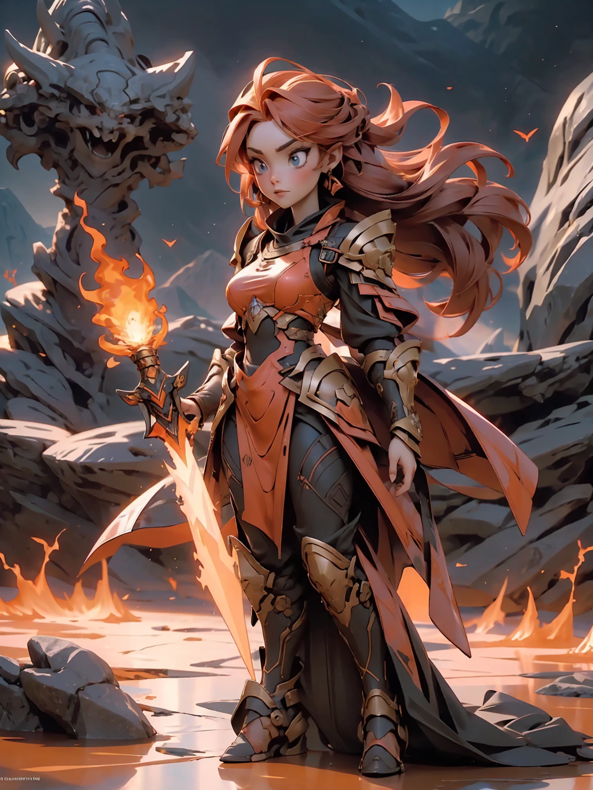 ((full body shot)) of a girl in regal, fire-themed armor with intricate gold and red details, standing in a blazing, volcanic landscape. She has long, flowing fiery red hair and intense, glowing amber eyes. Her skin has a warm, sun-kissed hue, and she is adorned with molten lava-like patterns. She holds a majestic sword engulfed in roaring flames, casting a bright, fiery light. The atmosphere is {intense|majestic}, with lava flows and embers illuminating the scene. The ground beneath her is cracked, molten earth, reflecting the intense light and adding to the fiery ambiance. Surrounding her are jagged rocks and bursts of flame in shades of {red|orange}, casting a fierce, incandescent glow. The background features towering volcanic peaks and a sky filled with ash and smoke, hinting at a powerful, fiery kingdom. The scene is dynamic and awe-inspiring, with her face showing a determined yet regal expression, her eyes focused intently on her blazing domain. [Best quality], [Masterpiece], [Ultra-detailed], [4k], {intense|majestic} atmosphere, fiery kingdom, {dynamic pose|regal pose}, blazing illumination, {soft shadows|dramatic lighting}, {reflected light on molten earth:0.7}, {jagged rocks:0.6}, {bursts of flame:0.5}, {volcanic peaks:0.4}, {ash-filled sky:0.3}.