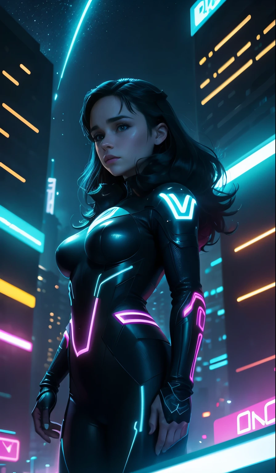 TRON: Legacy, neon, digital city, 80s, retro, Emilia Clarke