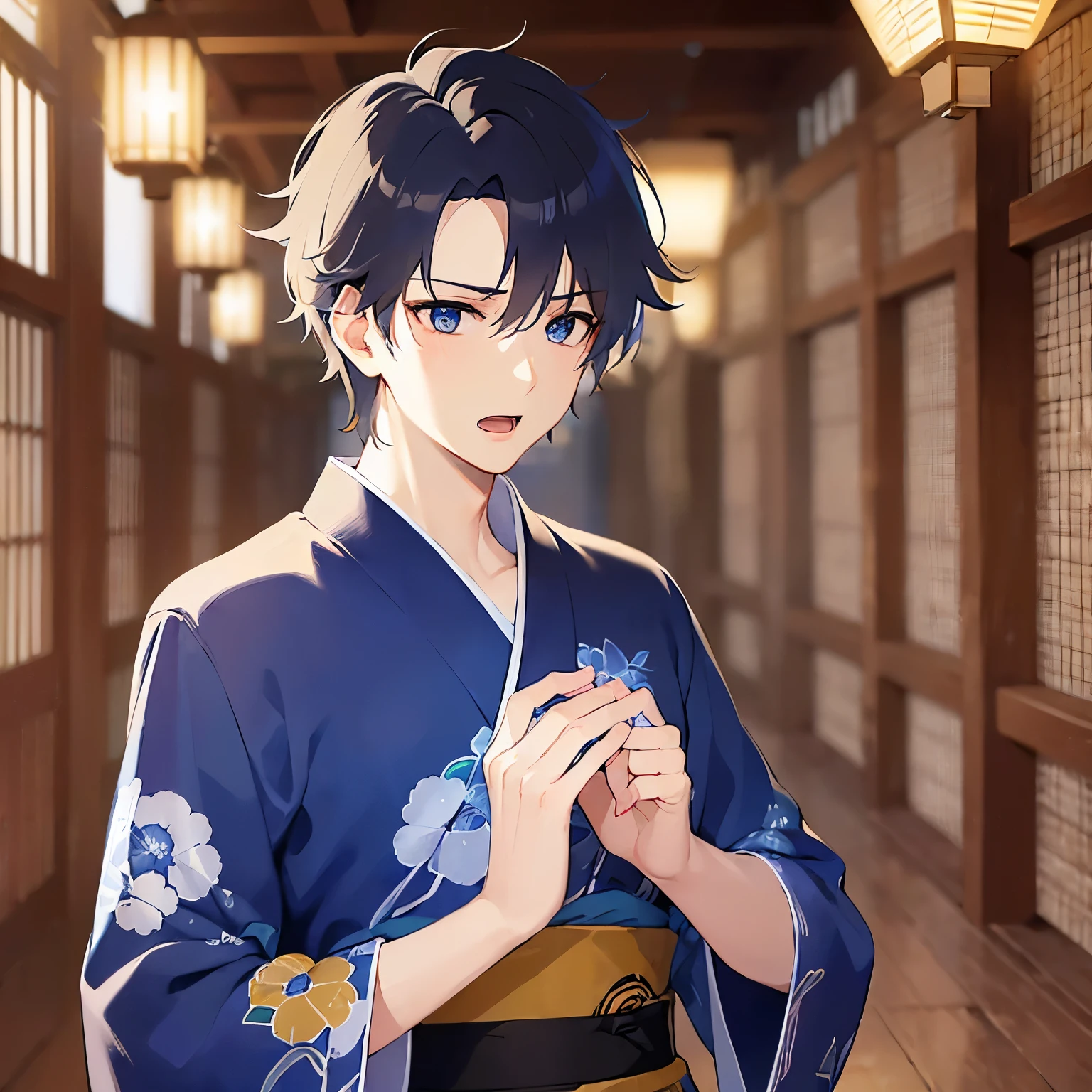 (25-year-old male:1.5) and(Black short hair) and (blue eyes), (looking away:1.5), upper body、Hands on the chin、
masterpiece、Highest quality、
(Blue) and (yukata),confused,(open mouth:1.5),The background is a Japanese-style corridor at night