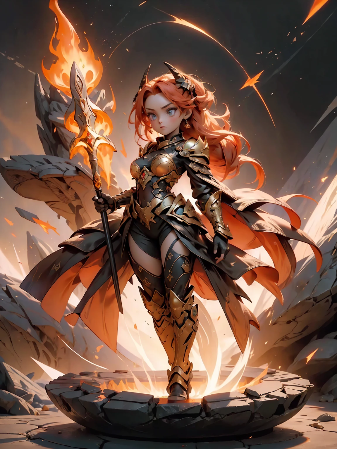 ((full body shot)) of a girl in regal, fire-themed armor with intricate gold and red details, standing in a blazing, volcanic landscape. She has long, flowing fiery red hair and intense, glowing amber eyes. Her skin has a warm, sun-kissed hue, and she is adorned with molten lava-like patterns. She holds a majestic sword engulfed in roaring flames, casting a bright, fiery light. The atmosphere is {intense|majestic}, with lava flows and embers illuminating the scene. The ground beneath her is cracked, molten earth, reflecting the intense light and adding to the fiery ambiance. Surrounding her are jagged rocks and bursts of flame in shades of {red|orange}, casting a fierce, incandescent glow. The background features towering volcanic peaks and a sky filled with ash and smoke, hinting at a powerful, fiery kingdom. The scene is dynamic and awe-inspiring, with her face showing a determined yet regal expression, her eyes focused intently on her blazing domain. [Best quality], [Masterpiece], [Ultra-detailed], [4k], {intense|majestic} atmosphere, fiery kingdom, {dynamic pose|regal pose}, blazing illumination, {soft shadows|dramatic lighting}, {reflected light on molten earth:0.7}, {jagged rocks:0.6}, {bursts of flame:0.5}, {volcanic peaks:0.4}, {ash-filled sky:0.3}.