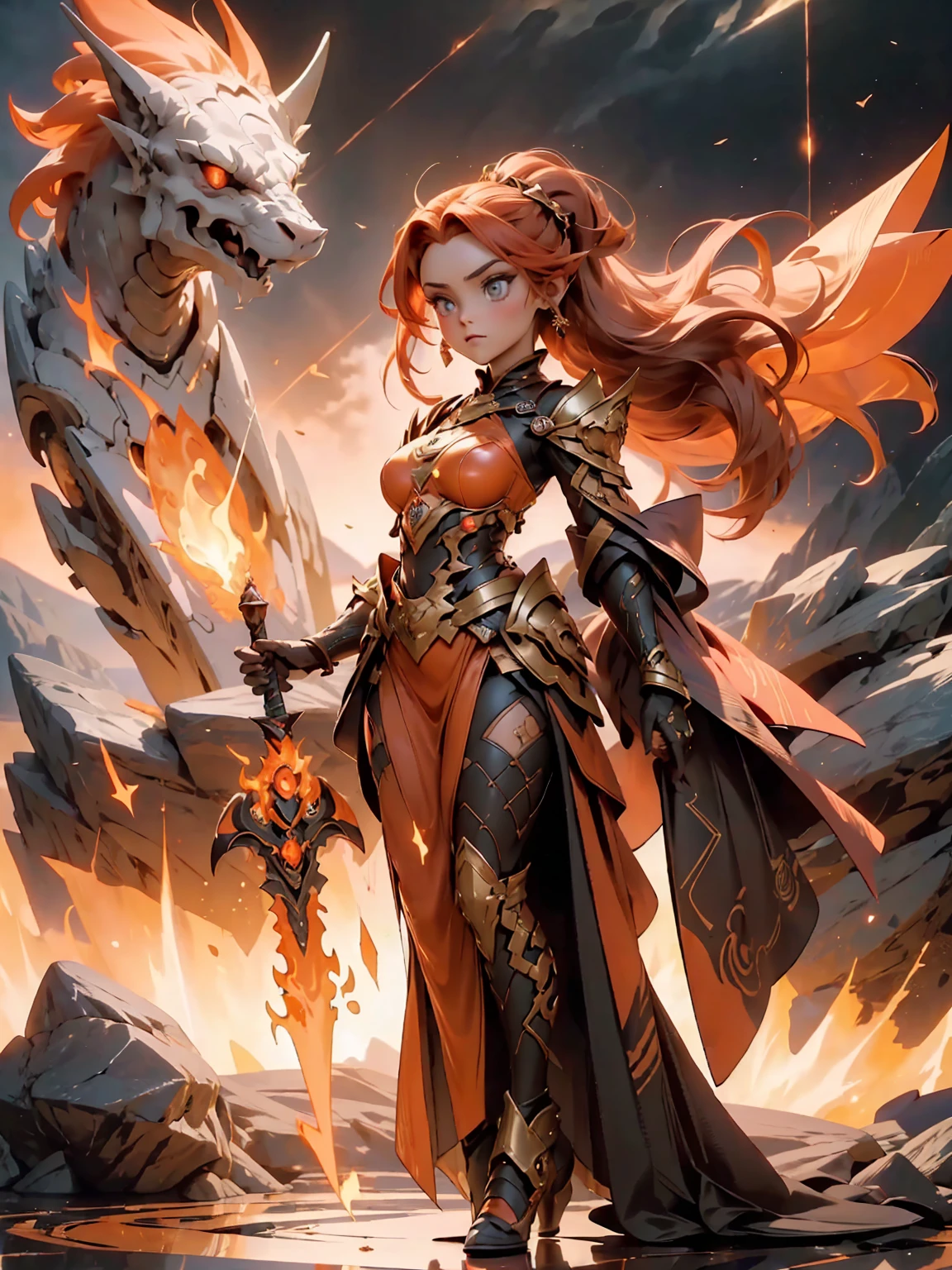 ((full body shot)) of a girl in regal, fire-themed armor with intricate gold and red details, standing in a blazing, volcanic landscape. She has long, flowing fiery red hair and intense, glowing amber eyes. Her skin has a warm, sun-kissed hue, and she is adorned with molten lava-like patterns. She holds a majestic sword engulfed in roaring flames, casting a bright, fiery light. The atmosphere is {intense|majestic}, with lava flows and embers illuminating the scene. The ground beneath her is cracked, molten earth, reflecting the intense light and adding to the fiery ambiance. Surrounding her are jagged rocks and bursts of flame in shades of {red|orange}, casting a fierce, incandescent glow. The background features towering volcanic peaks and a sky filled with ash and smoke, hinting at a powerful, fiery kingdom. The scene is dynamic and awe-inspiring, with her face showing a determined yet regal expression, her eyes focused intently on her blazing domain. [Best quality], [Masterpiece], [Ultra-detailed], [4k], {intense|majestic} atmosphere, fiery kingdom, {dynamic pose|regal pose}, blazing illumination, {soft shadows|dramatic lighting}, {reflected light on molten earth:0.7}, {jagged rocks:0.6}, {bursts of flame:0.5}, {volcanic peaks:0.4}, {ash-filled sky:0.3}.