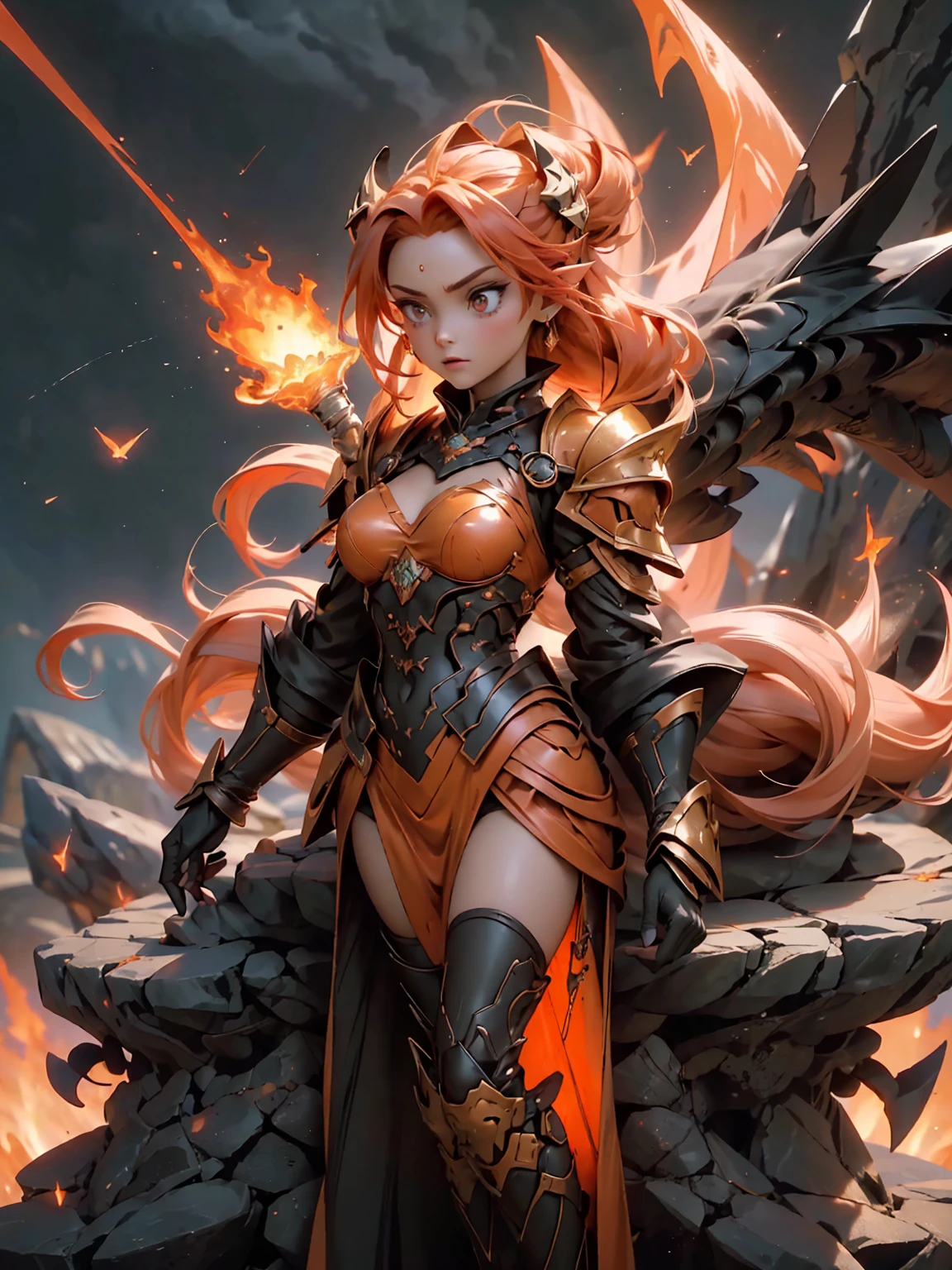 ((full body shot)) of a girl in regal, fire-themed armor with intricate gold and red details, standing in a blazing, volcanic landscape. She has long, flowing fiery red hair and intense, glowing amber eyes. Her skin has a warm, sun-kissed hue, and she is adorned with molten lava-like patterns. She holds a majestic sword engulfed in roaring flames, casting a bright, fiery light. The atmosphere is {intense|majestic}, with lava flows and embers illuminating the scene. The ground beneath her is cracked, molten earth, reflecting the intense light and adding to the fiery ambiance. Surrounding her are jagged rocks and bursts of flame in shades of {red|orange}, casting a fierce, incandescent glow. The background features towering volcanic peaks and a sky filled with ash and smoke, hinting at a powerful, fiery kingdom. The scene is dynamic and awe-inspiring, with her face showing a determined yet regal expression, her eyes focused intently on her blazing domain. [Best quality], [Masterpiece], [Ultra-detailed], [4k], {intense|majestic} atmosphere, fiery kingdom, {dynamic pose|regal pose}, blazing illumination, {soft shadows|dramatic lighting}, {reflected light on molten earth:0.7}, {jagged rocks:0.6}, {bursts of flame:0.5}, {volcanic peaks:0.4}, {ash-filled sky:0.3}.