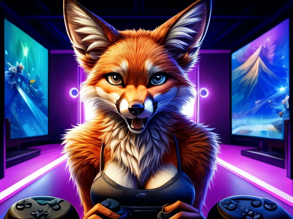 ((best quality)), ((masterpiece)), (detailed), 1girl, female, aggressive pose, very crazy focused look, fluffy fur, fox, complete head portrait in the middle, gaming room background, complete view ears, sitting on pc
